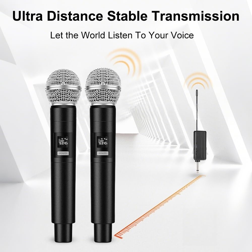 RUOVXWU Microphone Wireless Microphones for Adults Portable Rechargeable Dual Handheld Cordless Metal Singing Microphone for 2 People for Singing,Speech - Image 3