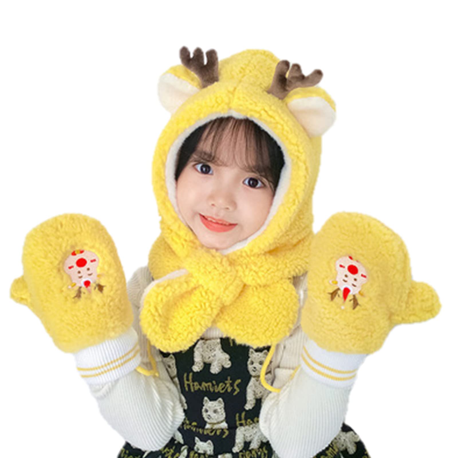 UKKO Beanie Kinder Winterschal Hut Handschuhe 1 Set Weihnachten Und Neujahr Geschenke Jungen Und Mädchen Warme Schals-Yellow 2 Pcs,3 to 8 Years Old