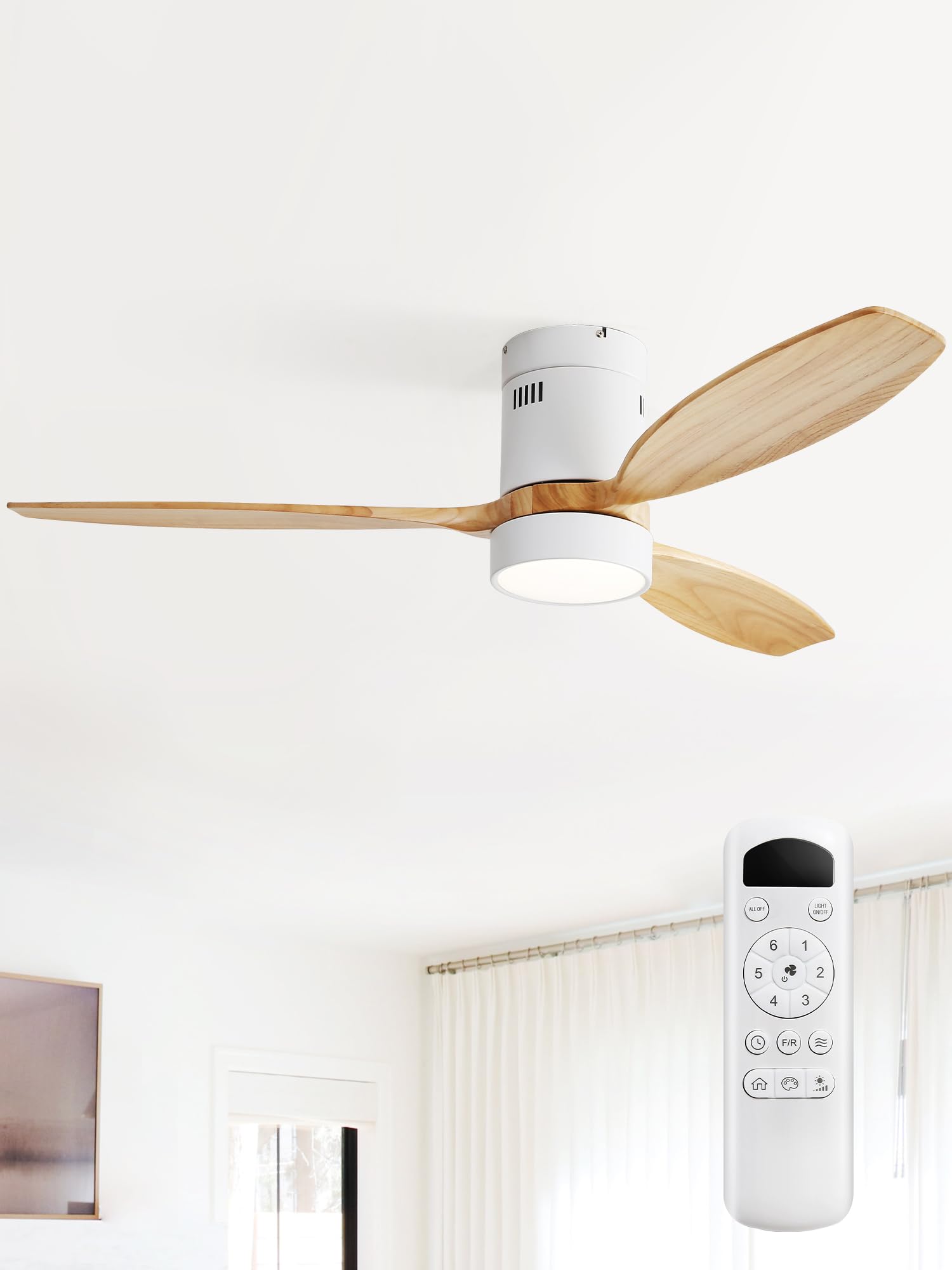 Sofucor Madera Ventilador de Techo con Luz 132cm, 6 Velocidades, Mando, Temporizador, Motor DC, LED Silencioso Ventilador Techo con Lampara para Dormitorio Salon