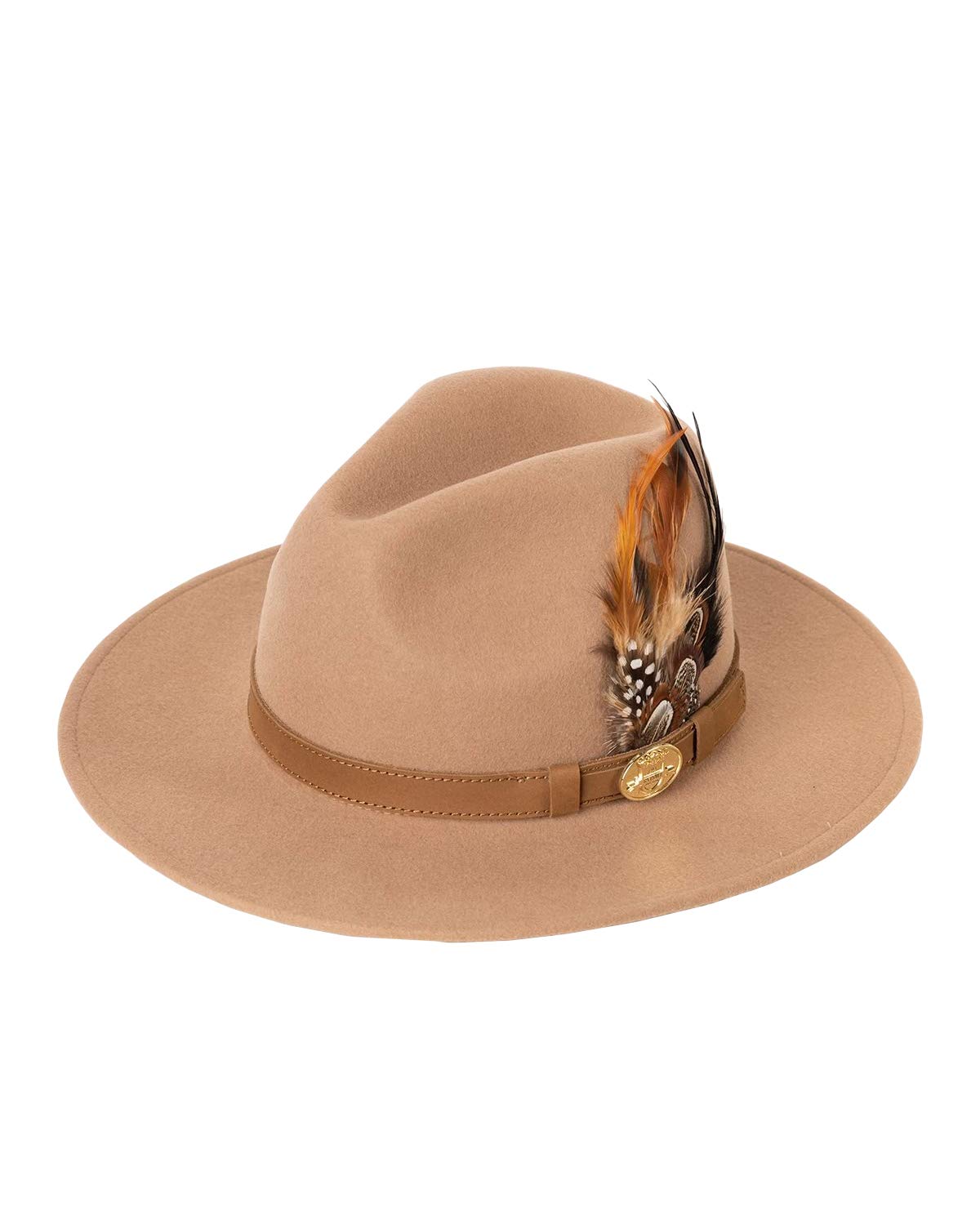 Rydale Unisex Fedora Mens & Womens Wool Felt Hat with Suede Band and Feather Decoration (Beige, Medium)