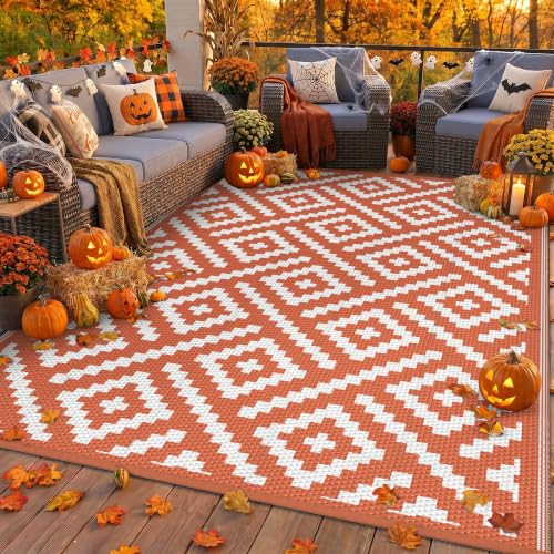 Image of GENIMO Fall Decor Outdoor Rug, Plastic Rugs for Patio, 6'x9' Orange White