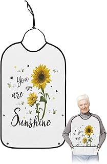 QueenKer Funny Adult Bibs for Eating, You Are My Sunshine Sunflower Bees Teal Waterproof Clothing Protector Washable Adult Bib with Crumb Catcher for Men Women Elderl and Seniors
