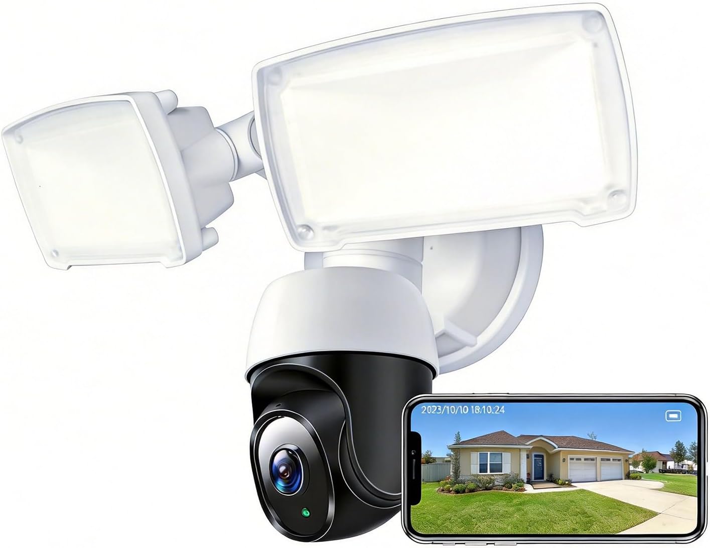 PTZ Security Camera with Floodlight, 360° Auto Tracking 1080P, 2500 Lumens, Color Night Vision, Weatherproof, 90dB Siren, Includes 64GB TF Card & Plug-in Adapter