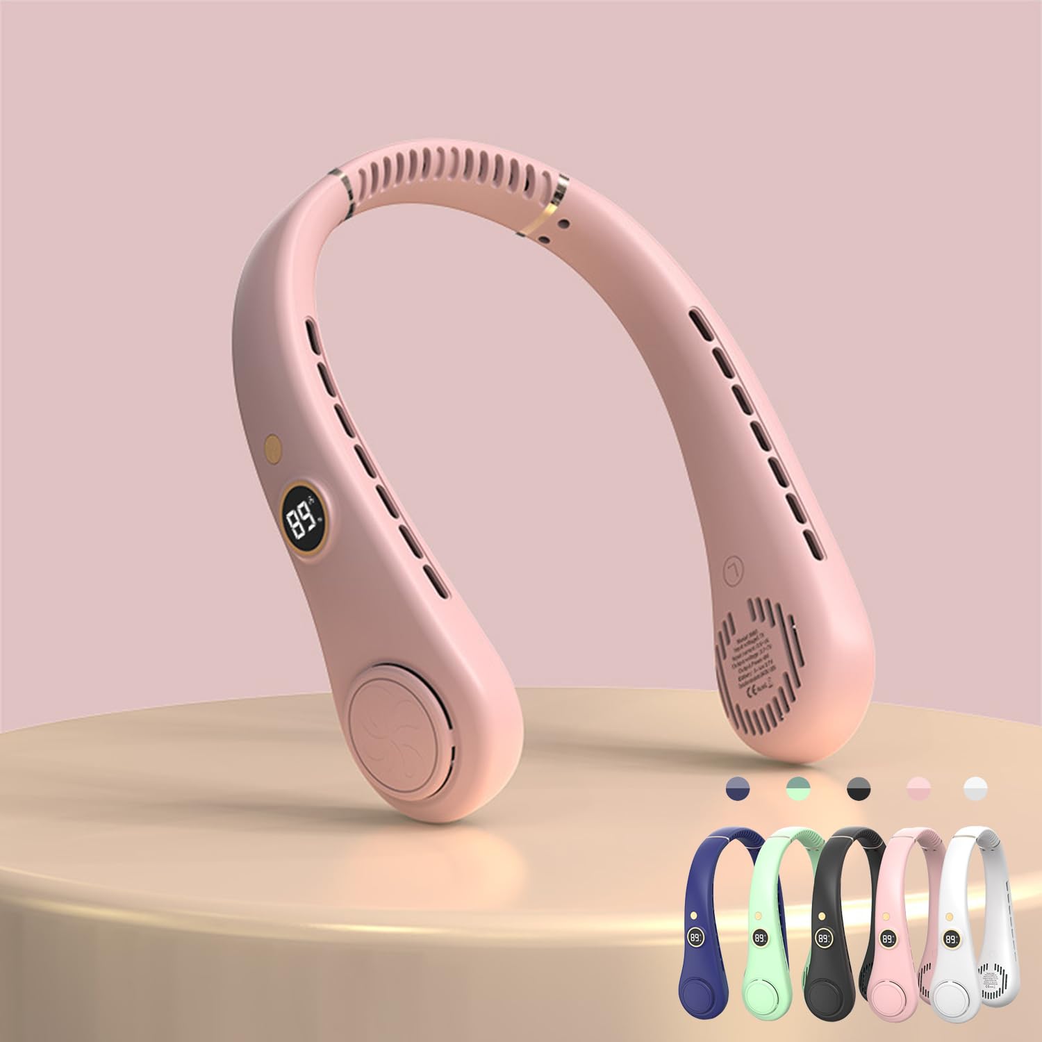 Bladeless Neck Fan, USB Rechargeable Hands-Free Portable Fans with LED Display, 5 Speeds Operated Adjustable 360° Airflow Cooling Wearable Fan for Men Women Sporting Travelling Working (Pink)
