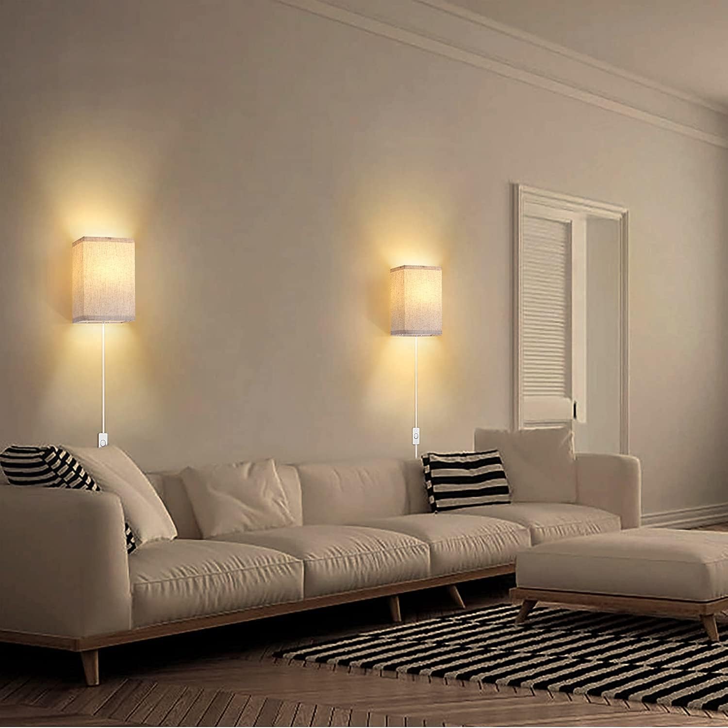 AVV Modern Wall Sconces,8W Wall lamp with 3 Color Temperature Bulb 2700K 4000K 5000K ,Wall Light Plug in Cord and On/Off Switch, Fabric Linen Shade ,No Wiring Required ,Perfect for Bedroom 2 Pack - - 