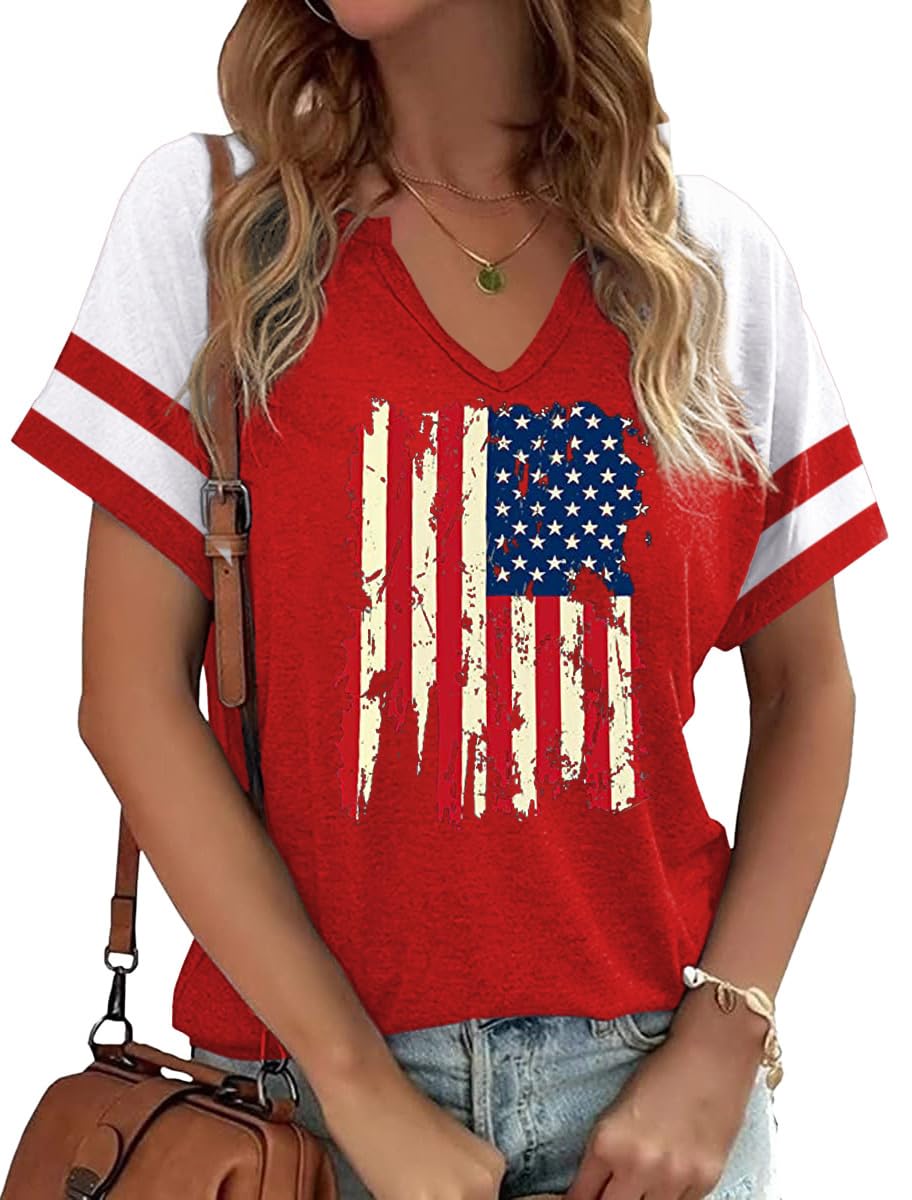 Patriotic V Neck Shirts 4th of July for Women American Flag Graphic Tee Casual Color Block Short Sleeve Summer Tops