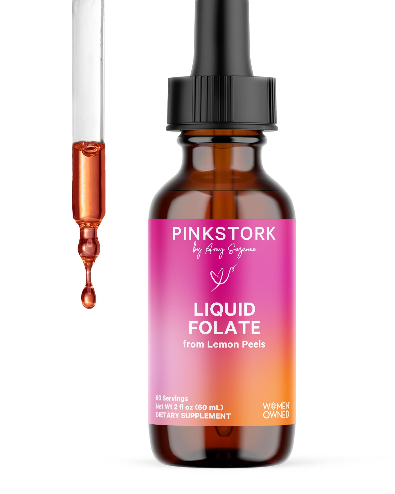 Pink Stork Liquid Folate: Whole-Food Vitamin B9 from Lemon Peels, Natural Folic Acid with Vitamin C, Liquid Prenatal Vitamins for Women, Pregnancy Must Haves, Women-Owned, 2 oz (60 ml)