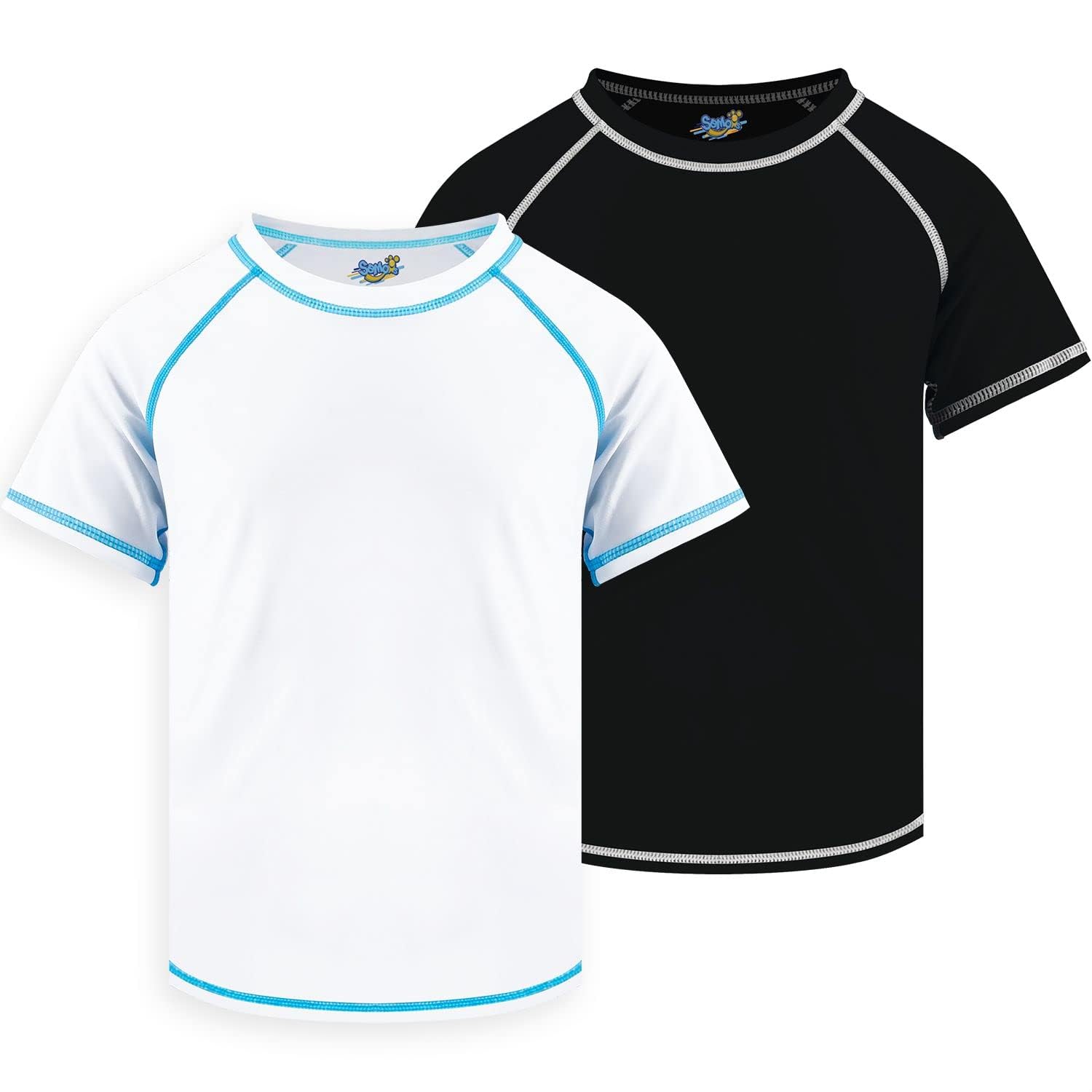 Boys Rash Guard Swim Shirt Short Sleeve, 2 Pack White and Black UPF 50+ Sun Protection Quick Dry Slim Fit Fishing Surf Shirt Cool Beach Clothes for Toddler Youth Kids Size 5-6 Years