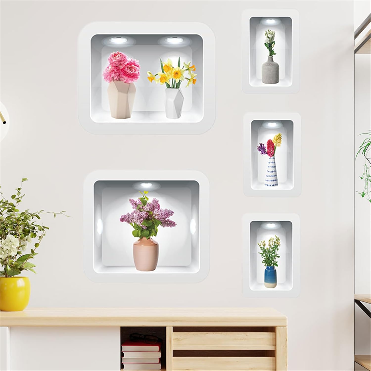 WOHAHA 3D Flower Vase Floral Plants Wall Stickers Photo Fake Window Wall Decals Decor Multi-Color Living Room Bedroom Removable Murals Wallpaper Home Wall Art Decorations