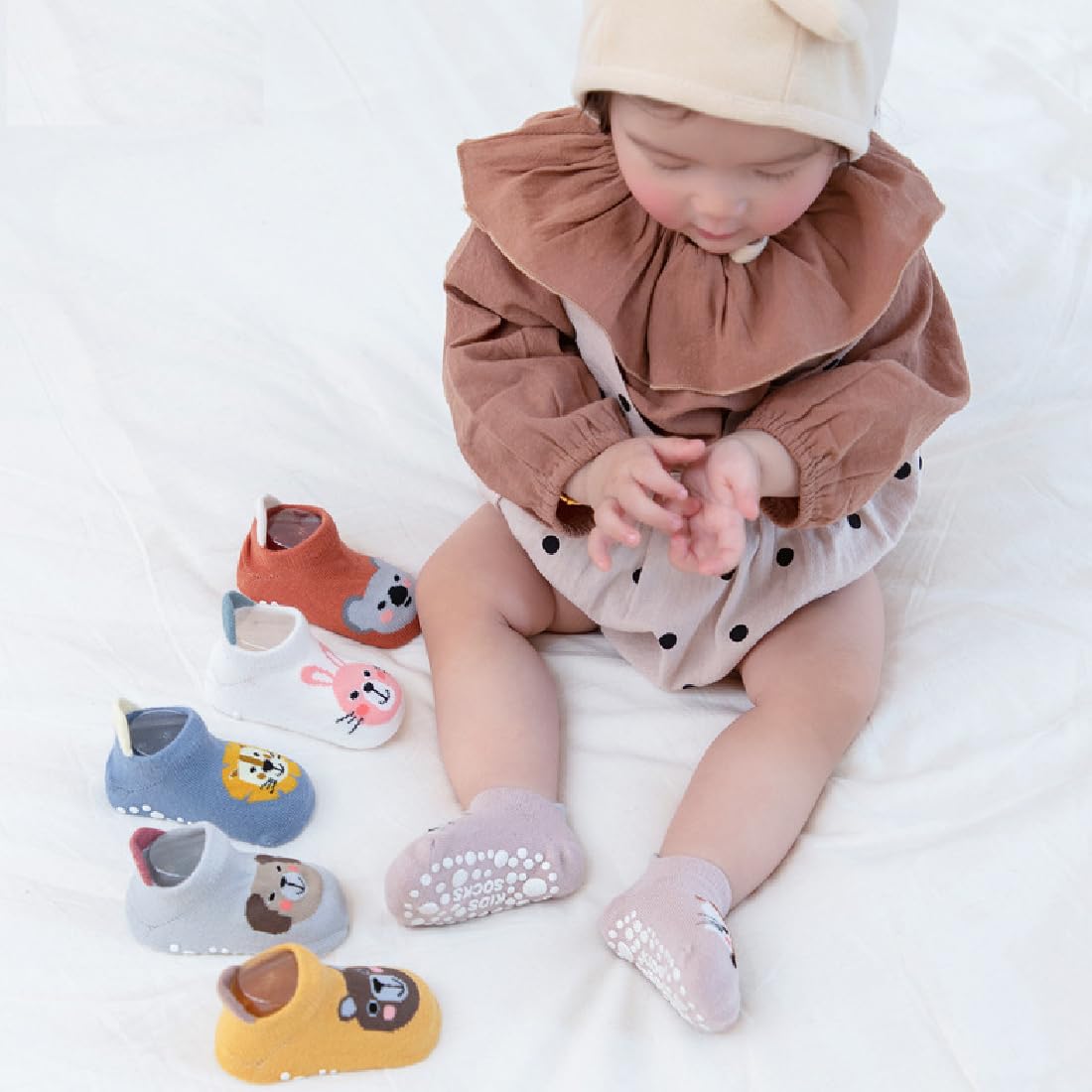 WeddHuis 6 par skarpet dla małych dzieci, ABS, antypoślizgowe skarpety do sneakersów, motywy zwierzęce, bawełna, biały, m