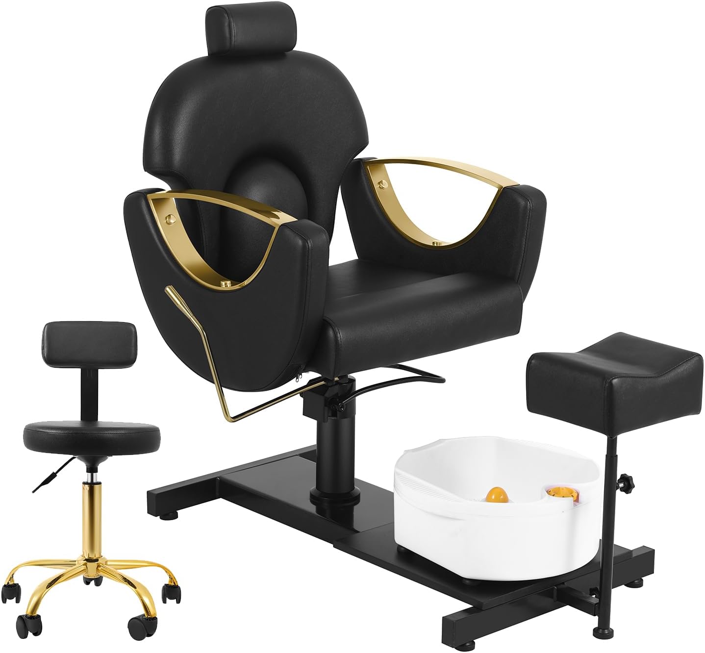 Pedicure Chair, Reclining Pedicure Station No Plumbing Adjustable Height Pedicure Chair with Footrest Massage Basin & Stool 360 Degree Swivel Foot Spa Chair Adjustable Backrest Spa Chair Black Gold