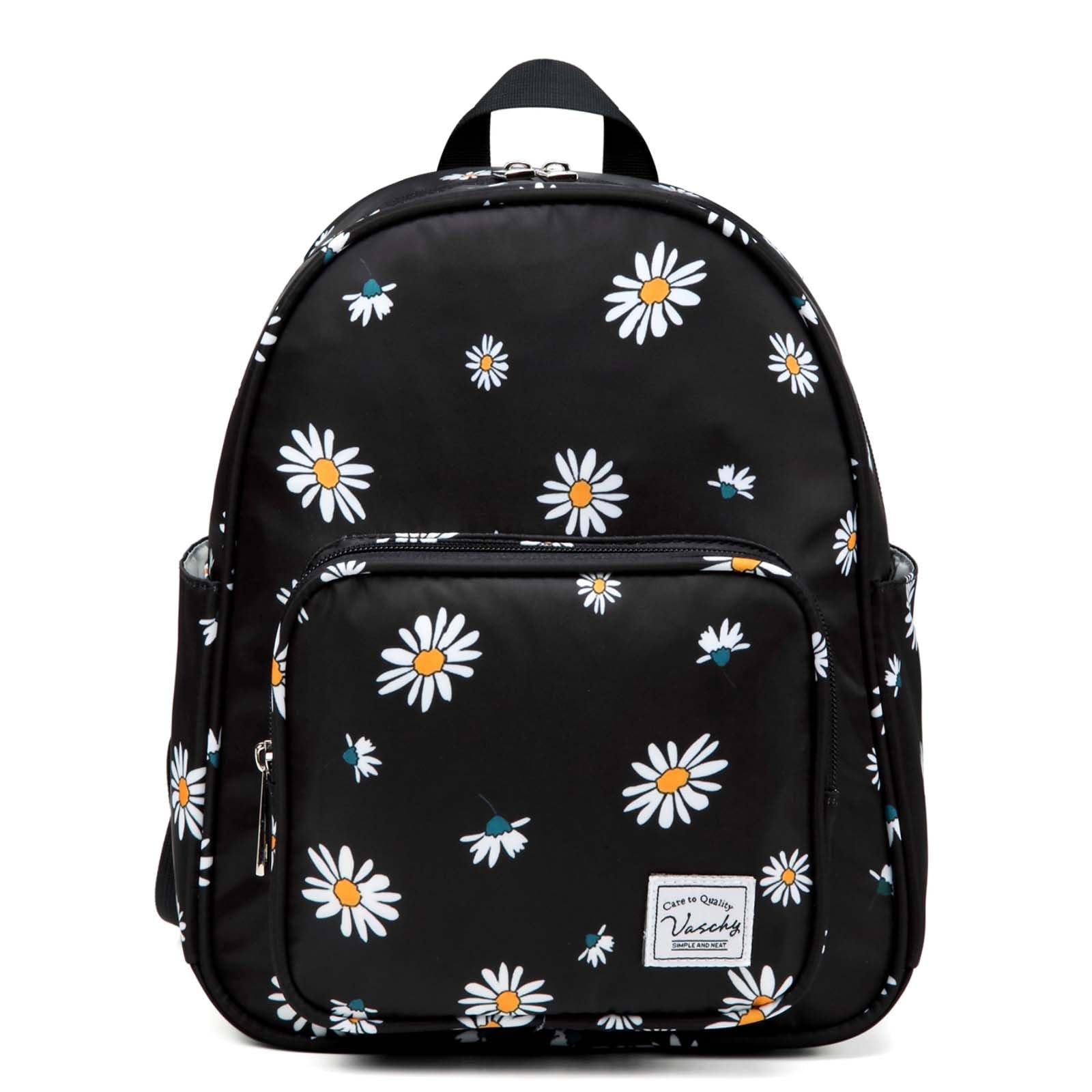 VASCHY Small Backpack for Women, Cute Mini Lightweight Nylon Travel Backpack Purse for Teen Girls Black Daisy