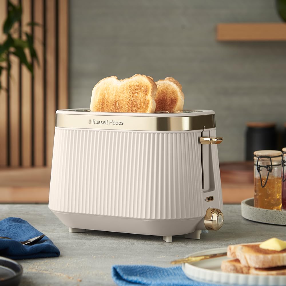 Russell Hobbs Grille pain [pour 2 tranches] Brontë Stone (6 réglages, finition beige mate, accents dorés, décongélation, réchauffage, surélévation, Lift et Look, support pour petits pains) 26761-56