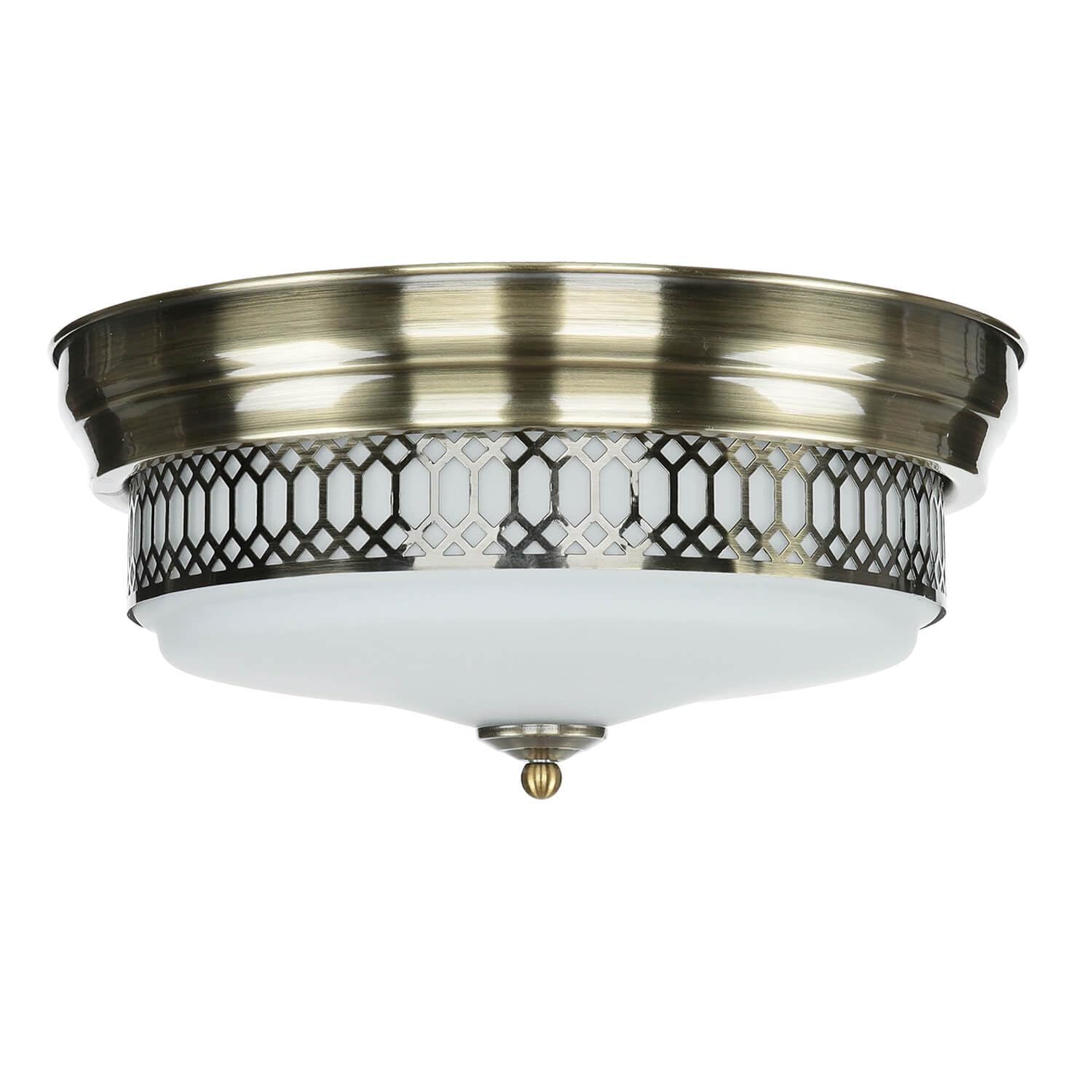 Licht-Erlebnisse Deckenleuchte Badezimmer Ø 35 cm H: 16 cm IP44 in Messing Antik Weiß 2x E27 Glas Metall Jugendstil Deckenlampe Badezimmerleuchte