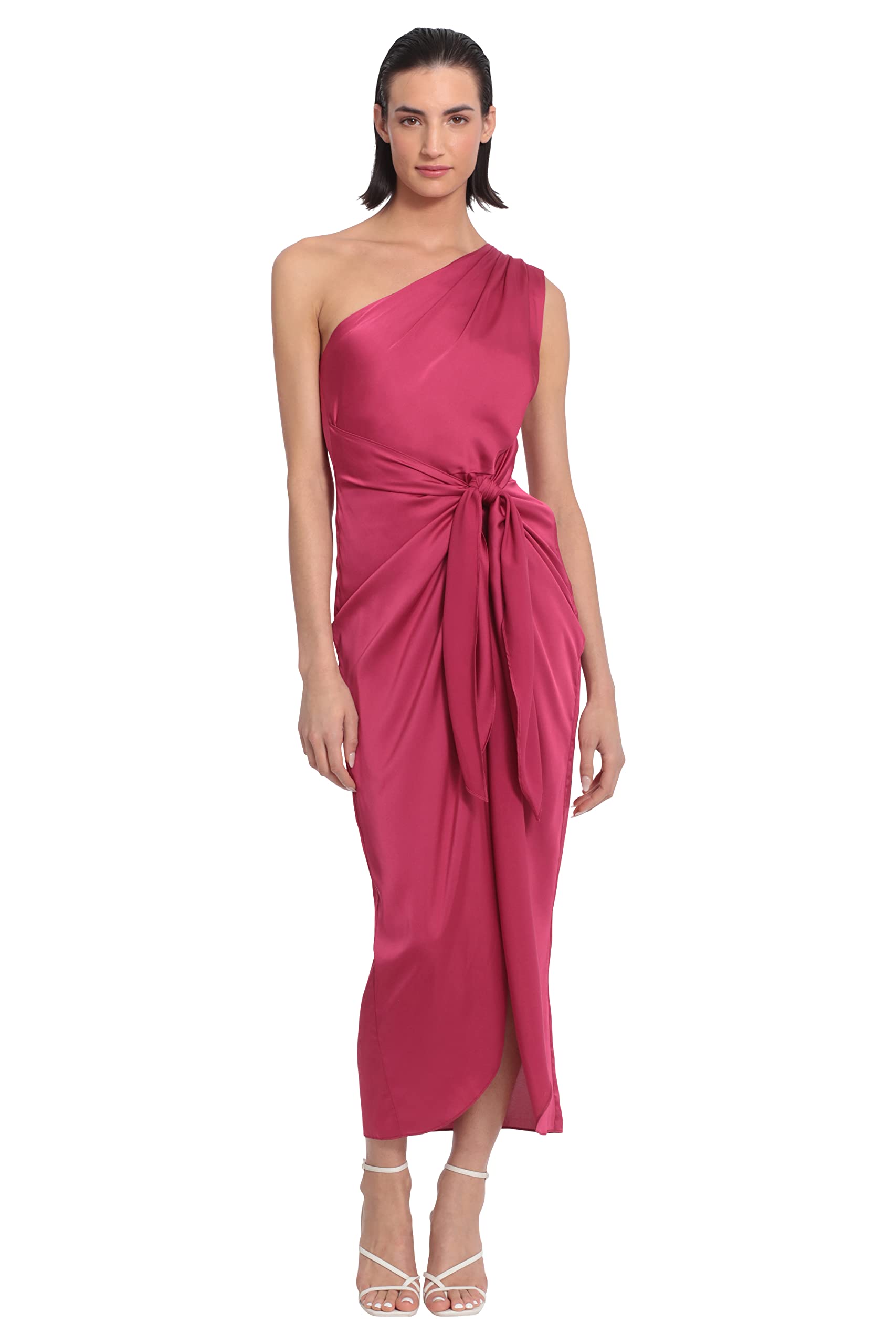 Donna Morgan Women's Donna Morgan Women's Dresses One Shoulder Faux Wrap Light Charmeuse Maxi with Tie Waist Occasion Event Party Guest of