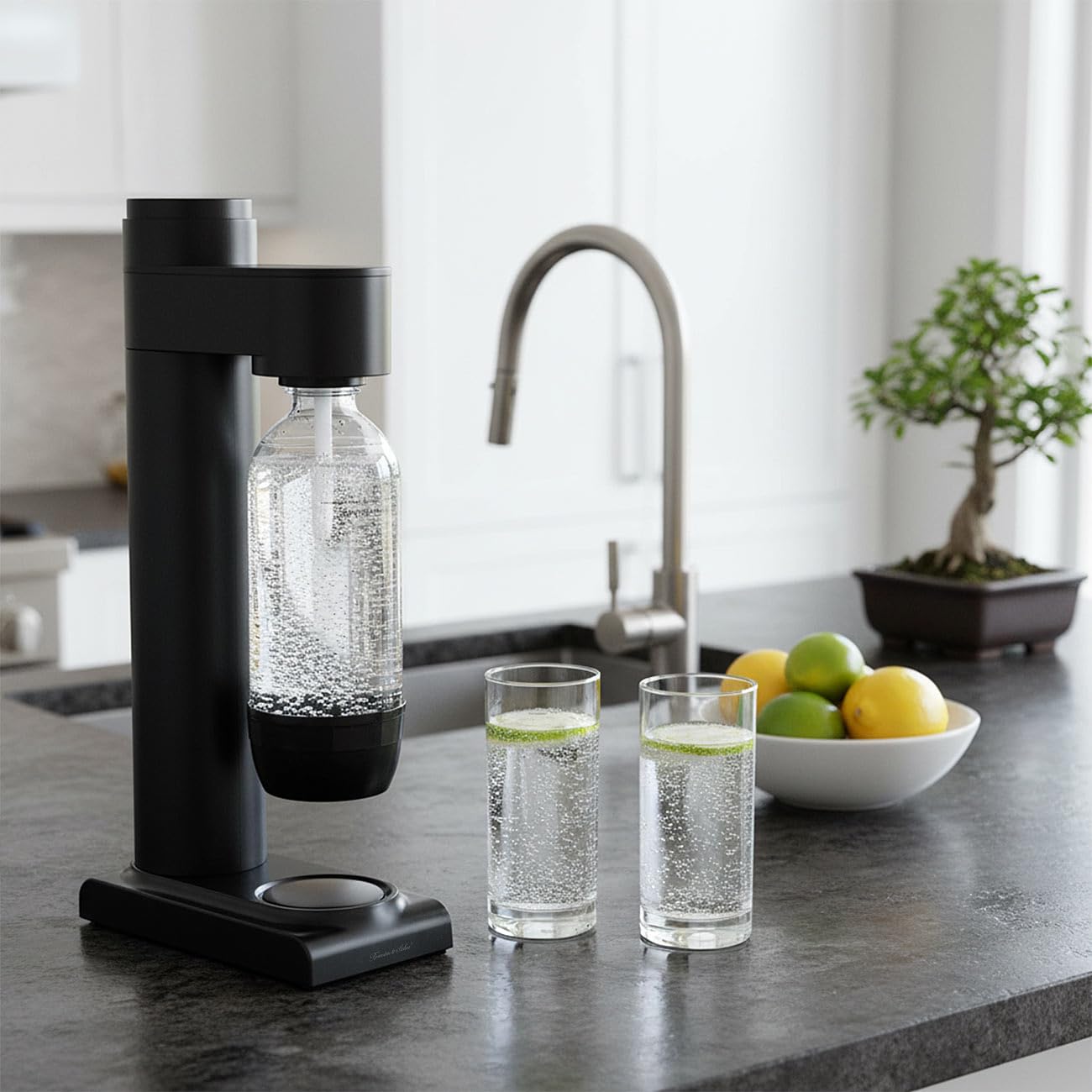 Rosenstein & Söhne Wassersprudler Küche: Soda-Wassersprudler mit 1-Liter-Flasche, Soda-Stream-kompatibel (Sodastream, Sprudelmaschine, Wasserhahn)