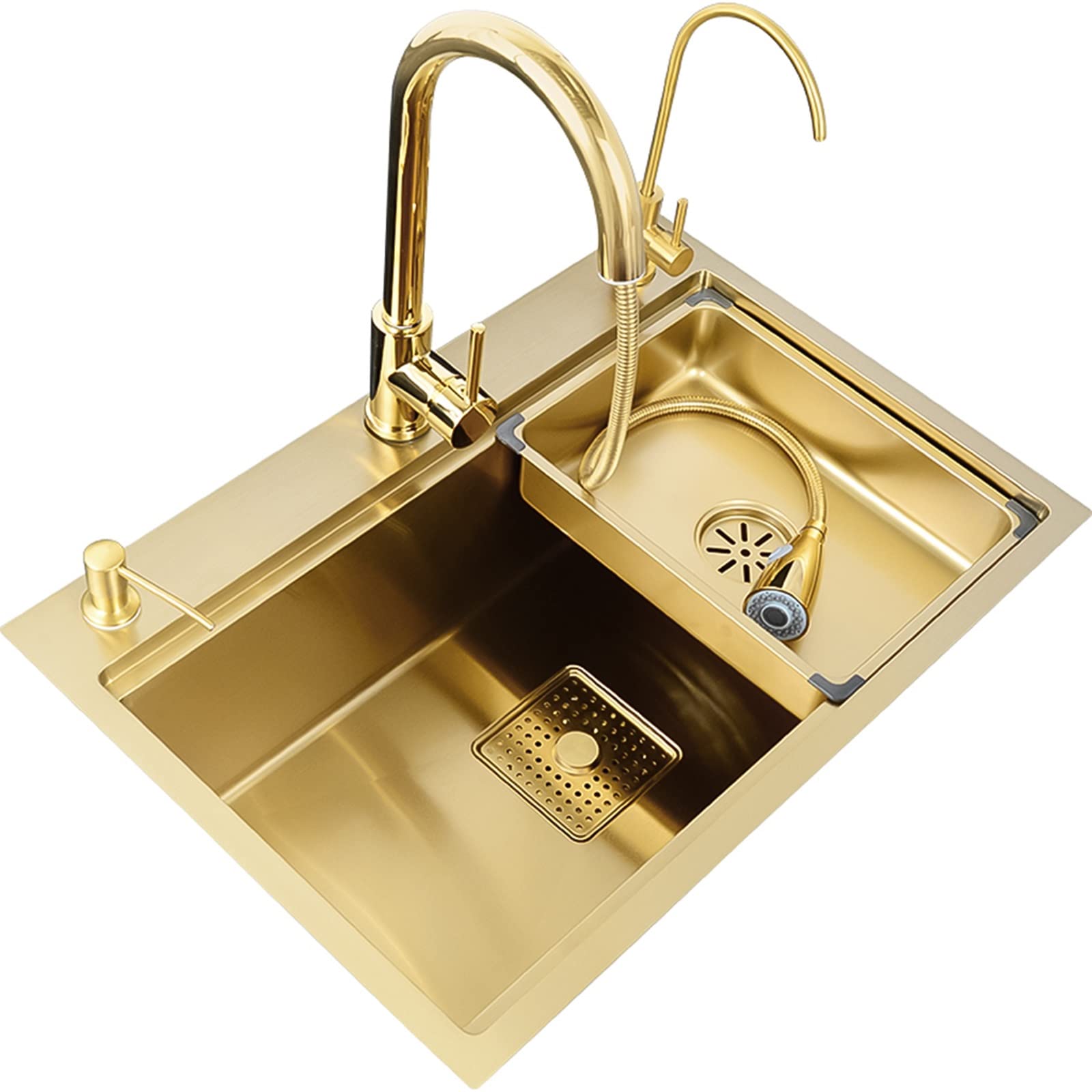 Sddpulse D Kitchen Sink Brushe Gol Single Bowl Stainless Steel Bar Square Built-In Or Undermount With Gol Drain Rack,-80X46x22cm