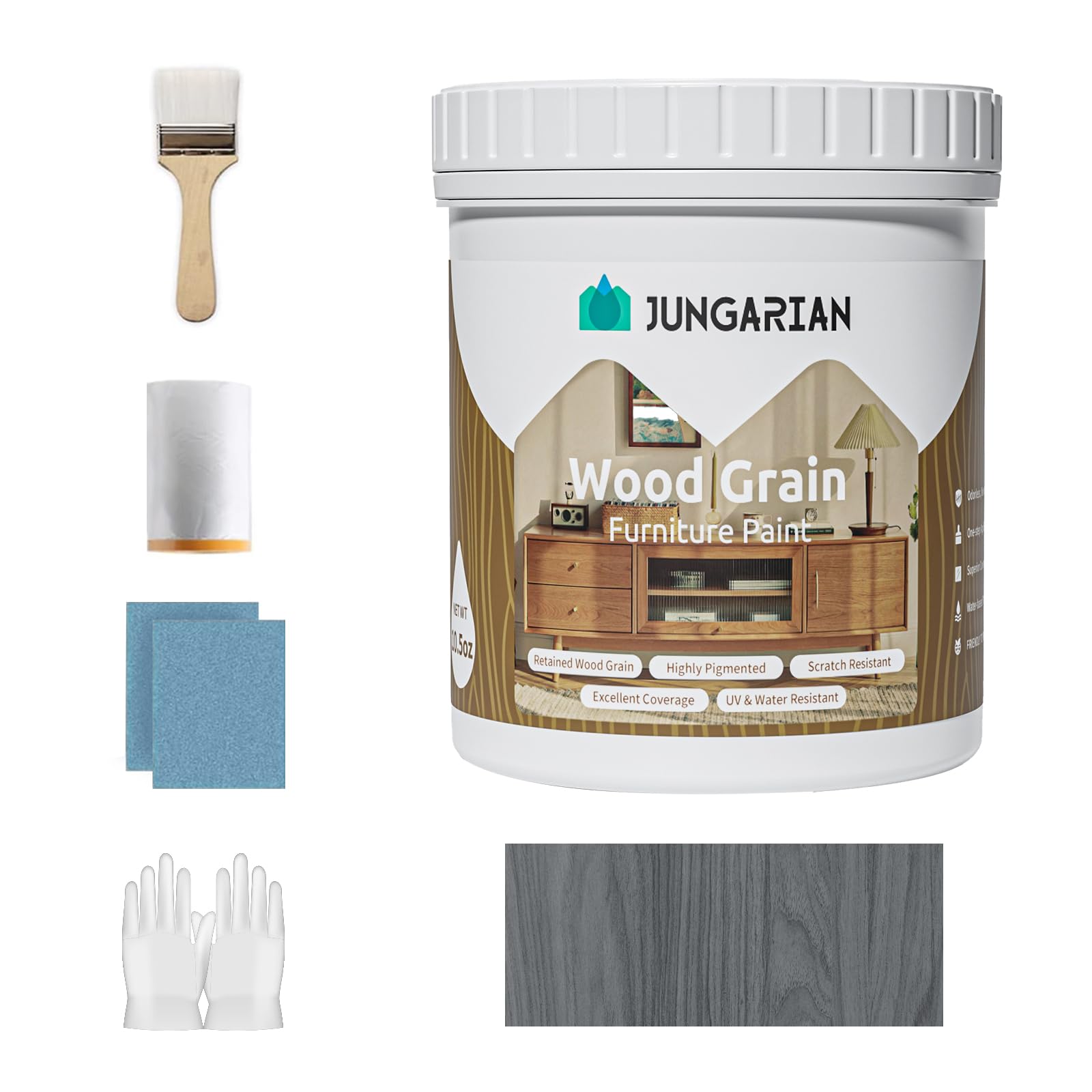 Wood Grain Furniture Paint 10.5oz with Tools - All-in-One No Need Prime No Need Varnish- Water-based & Low Odor - Outdoor & Indoor Wood Paint for Furniture and More - Urban Grey