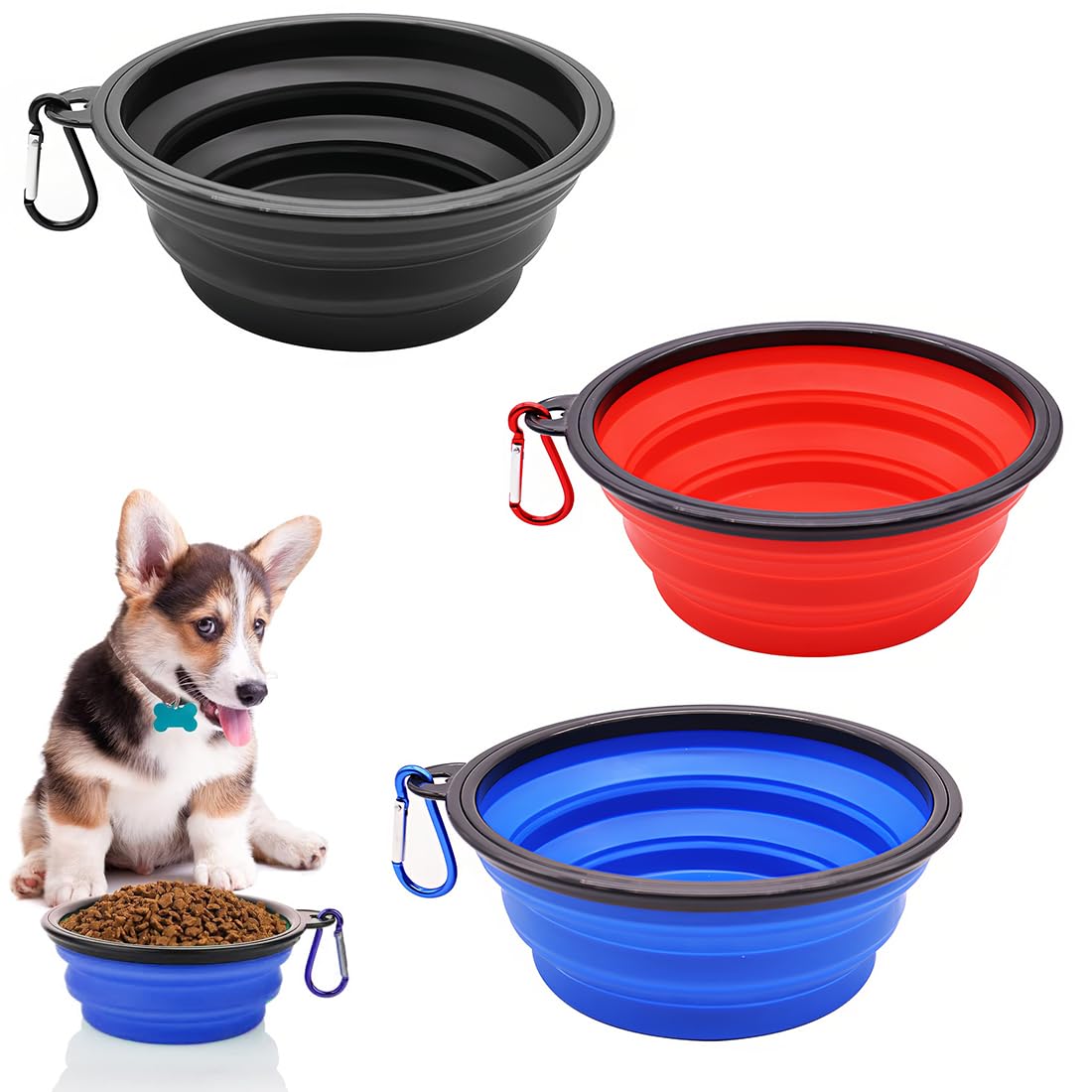 3 PCS Plegable Viajes Silicona Gatos Perros Bowl Portable Pet Food Cuenco de Agua, Alimentación a Través del Bebedero Portátil de Agua Potable con Gancho de Agua, Fácil de Llevar
