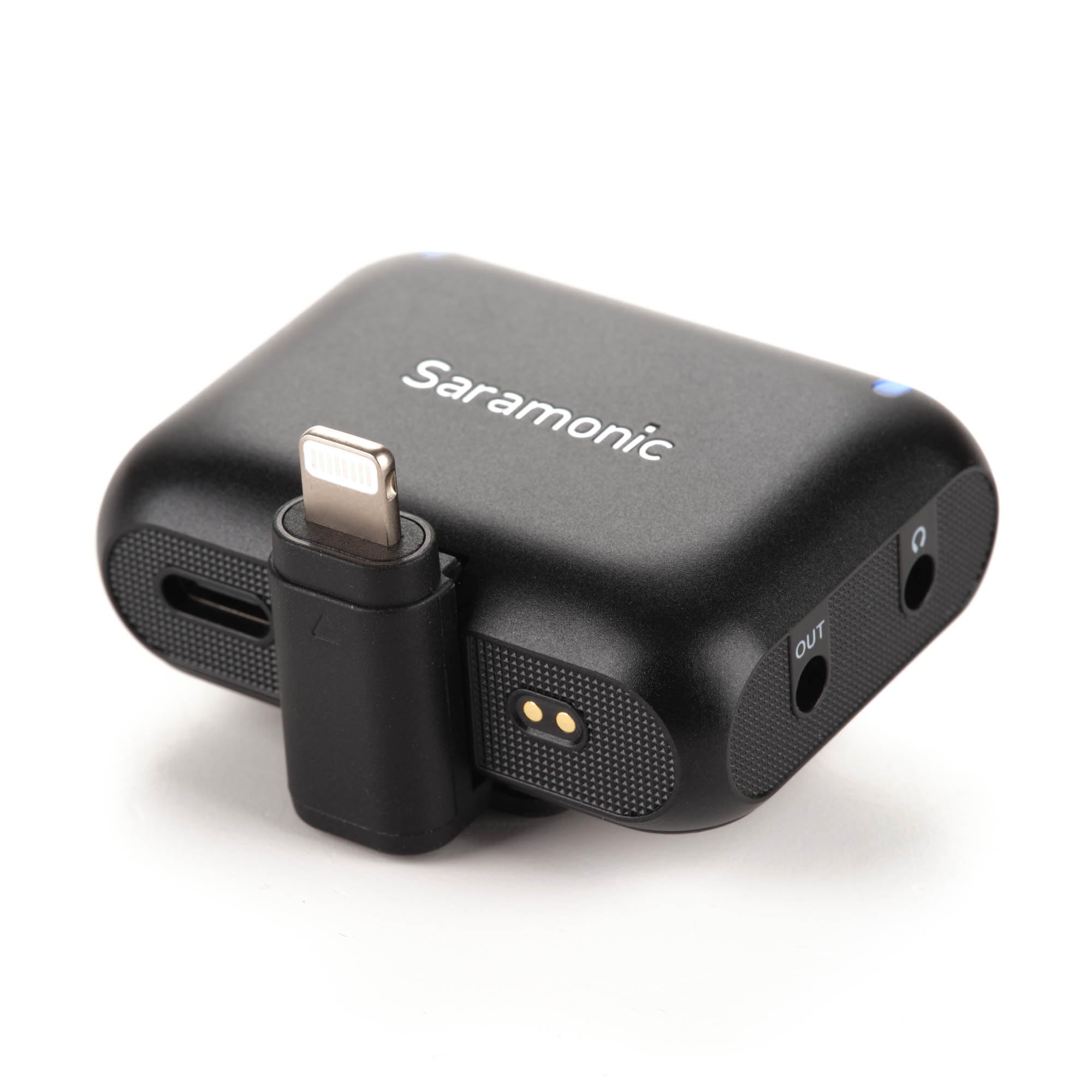 Saramonic Blink 500+ B2 Kabelloses Mikrofonsystem für 2 Personen mit Gerätehalterung, Empfänger, 3,5 mm, USB-C und Lightning-Ausgänge, Ladehülle, Geräuschunterdrückung und magnetische Montage