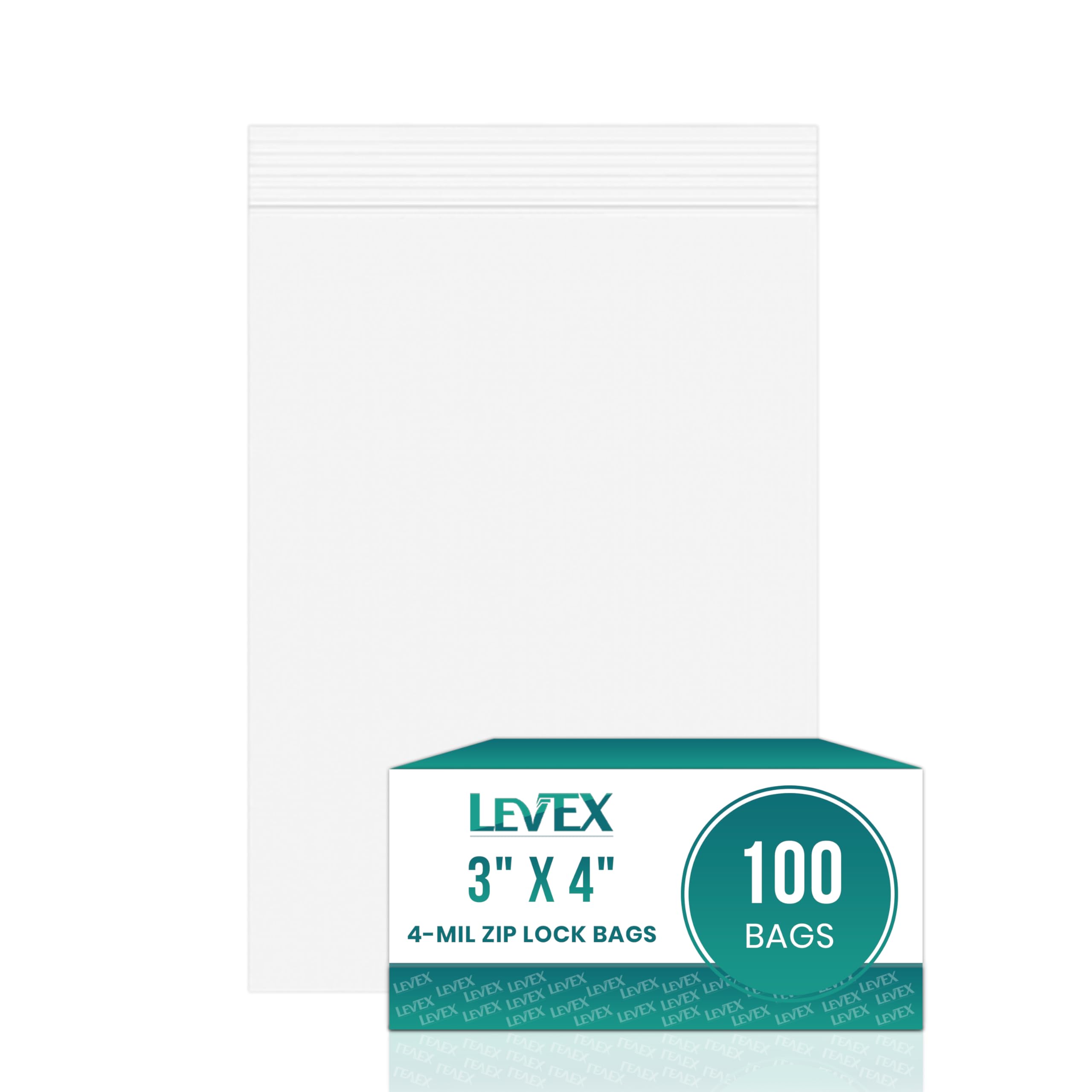 Levex - 3" x 4" (100 Count) 4 Mil Heavy Duty, Strong & Durable Clear Reclosable Zip Plastic Poly Bags with Resealable Lock Seal Zipper for Travel,