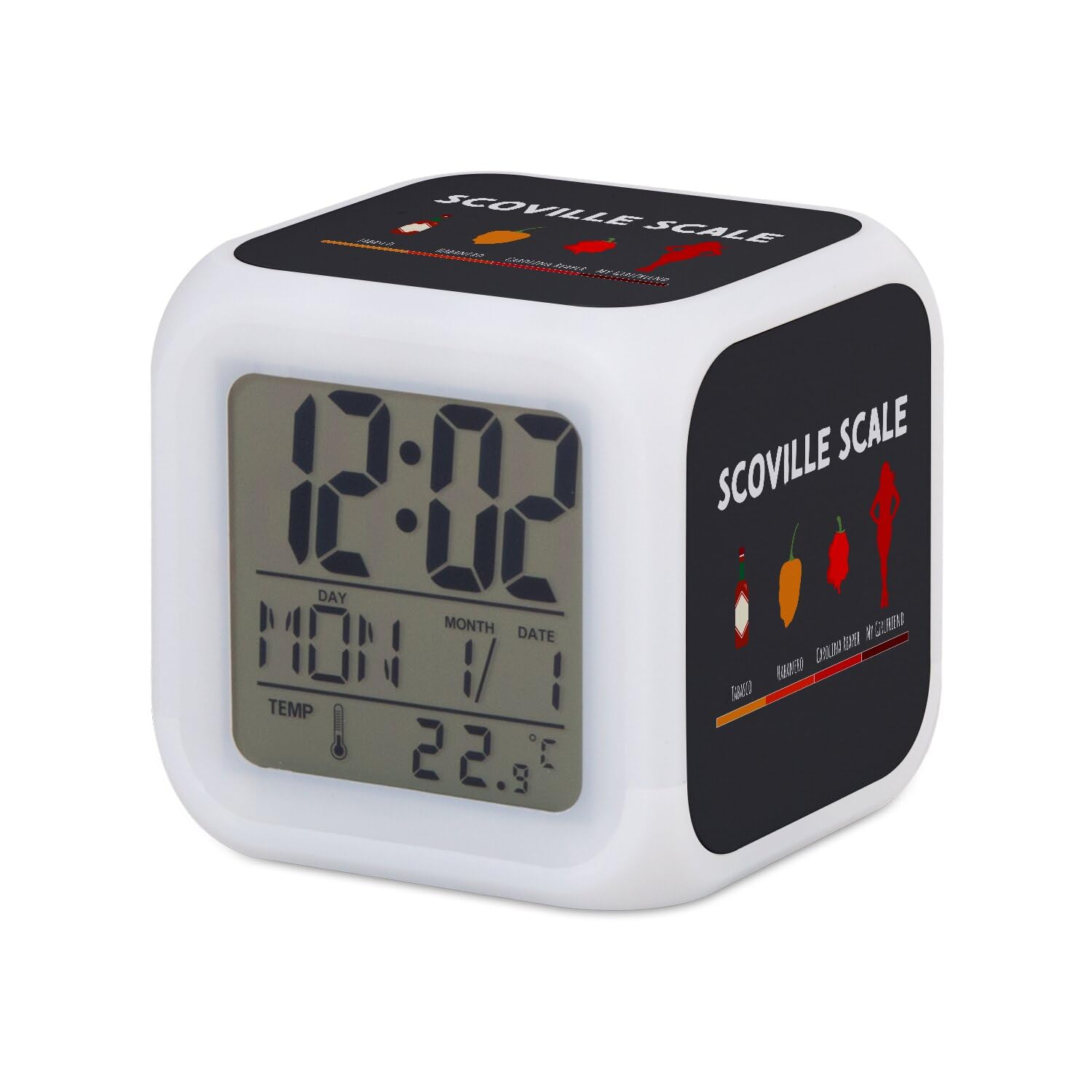 Fabulous Scoville Scale My Girlfriend Hot Chilli Love Cube Alarm Clock - 8 x 8 x 8 cm - Retro Multi-Coloured LED Lighting