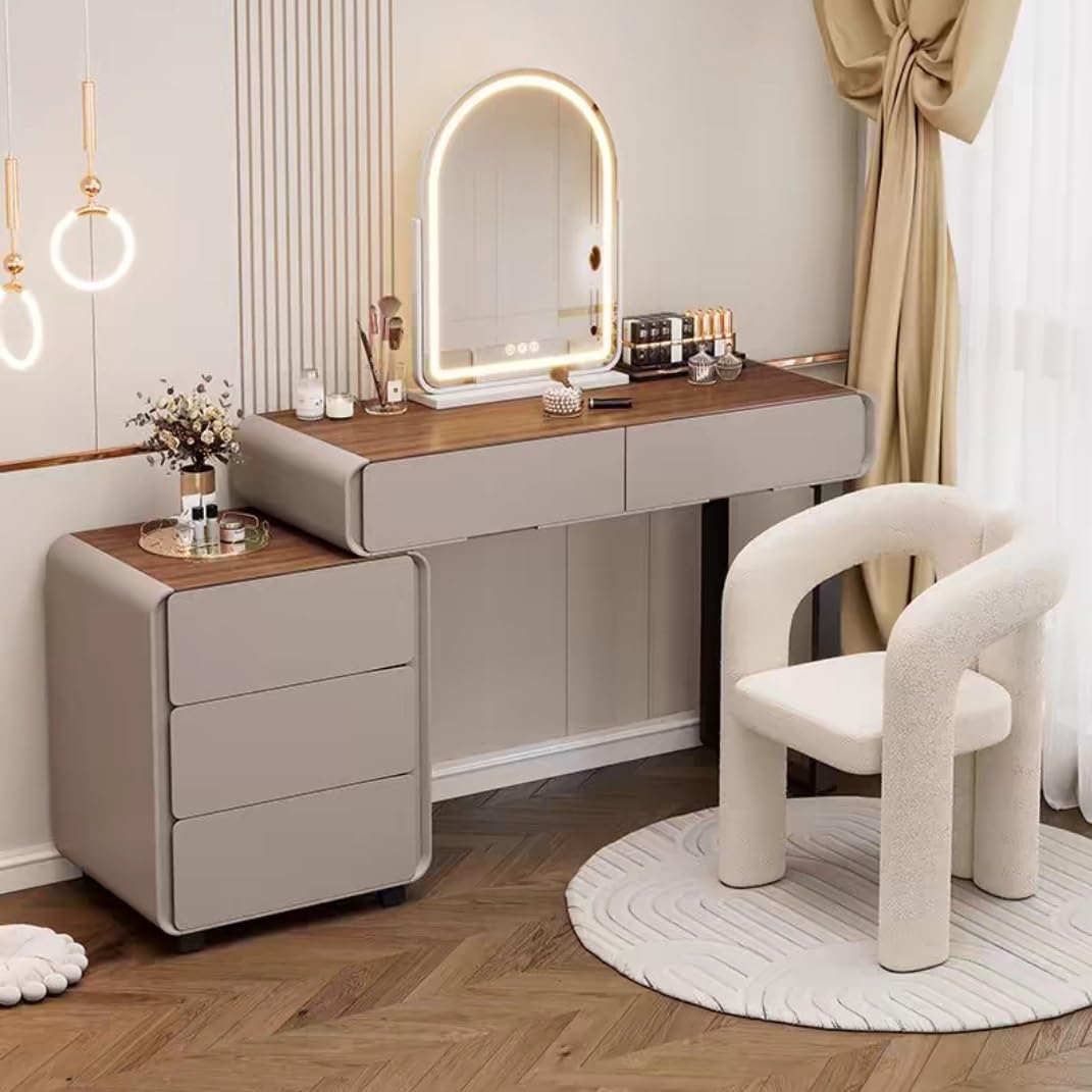 asdchZen Elegant Walnut Dressing Table With Color-Changing Mirror Touch Dimming Stylish Vanity Desk For Women & Girls Complete With Nightstand For Bedroom Decor