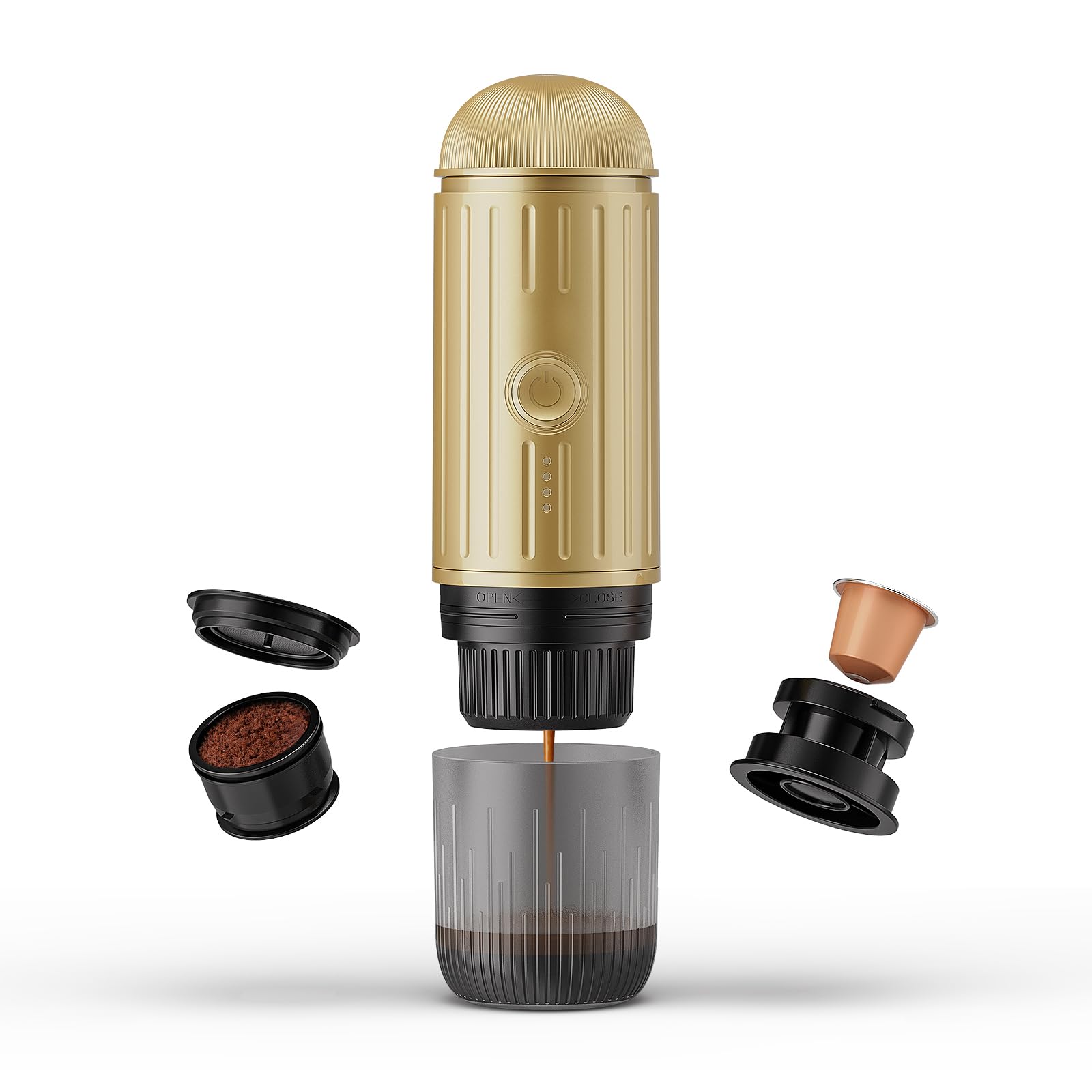 Cafetera espresso eléctrica portátil, cafetera de viaje para camping, cafetera de coche autocalentable con USB-C, con café molido y cápsula N Espresso para caravana, senderismo, oficina