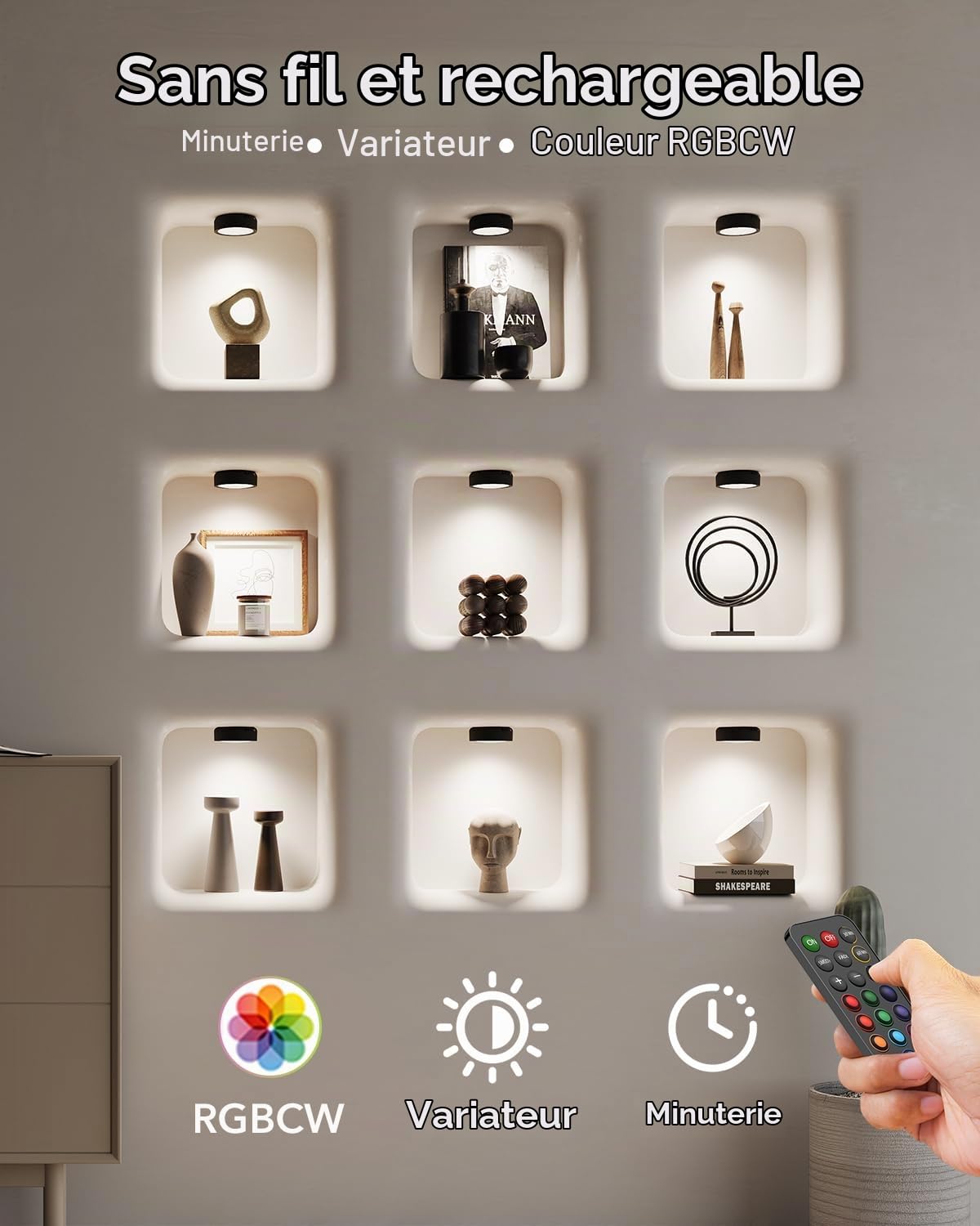 2400mAh Lampe Vitrine Télécommande, Spot LED Placard Rechargeable | USB, RGB, Minuterie, Autocollant, Magnétique Batterie de Eclairage Cuisine Sous Meuble Sans Fil Pile pour, Armoire, Etagère