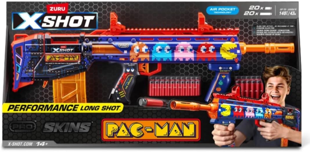 XSHOT Skins Pro Pac Man Long Shot Blaster, 40 Darts, Slam Fire, Retro Skin, 2 Quick Clips, Half & Full Length Ammo, Air Pocket Foam Tech, 66ft Range, Toy Gun for Boys, Girls