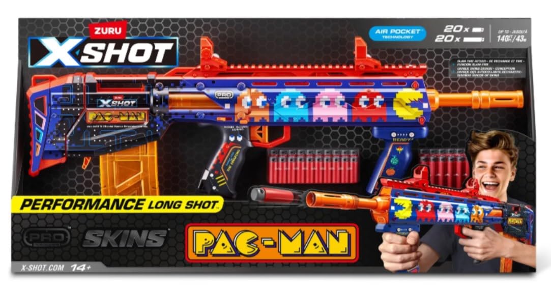 XSHOT Skins Pro Pac Man Long Shot Blaster, 40 dardos, Slam Fire, piel retro, 2 clips rápidos, munición de longitud media y completa, tecnología de espuma de bolsillo de aire, alcance de 66 pies