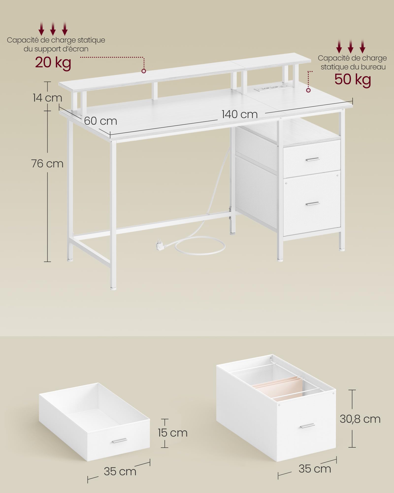 VASAGLE Bureau Gaming, avec Tiroirs en Tissu, Table Informatique avec Support d'Écran, Multiprise, 2 Ports USB, pour Bureau à Domicile, 140 x 60 cm, Blanc Érable LWD094W01V1