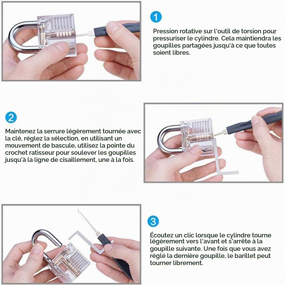 33 pièces de kit de déverrouillage et sac PU, 1 cadenas transparent et outil de carte de crédit + pistolet de déverrouillage + guide du débutant
