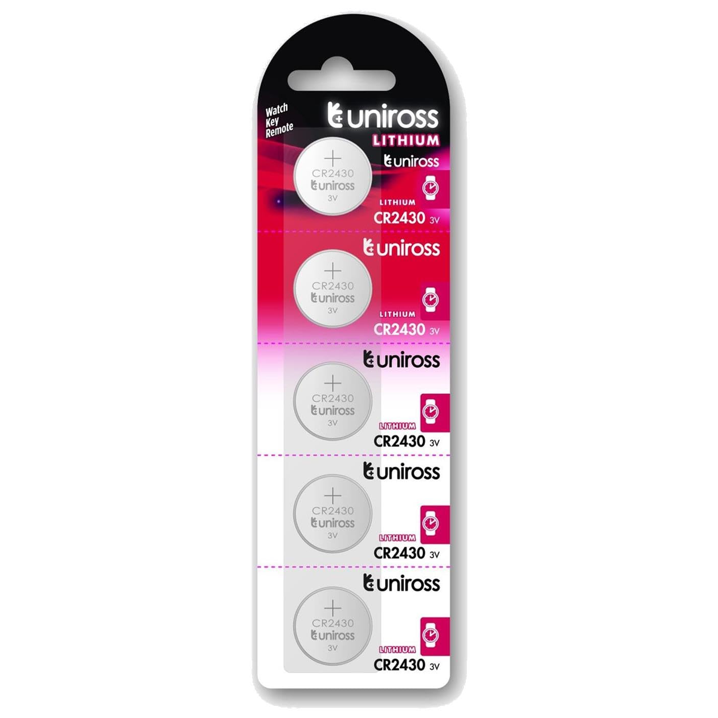 Uniross CR2430 Lithium Coin Cell Battery 3.0V Pack of 5 Batteries - Equivalent to DL2430, ECR2430