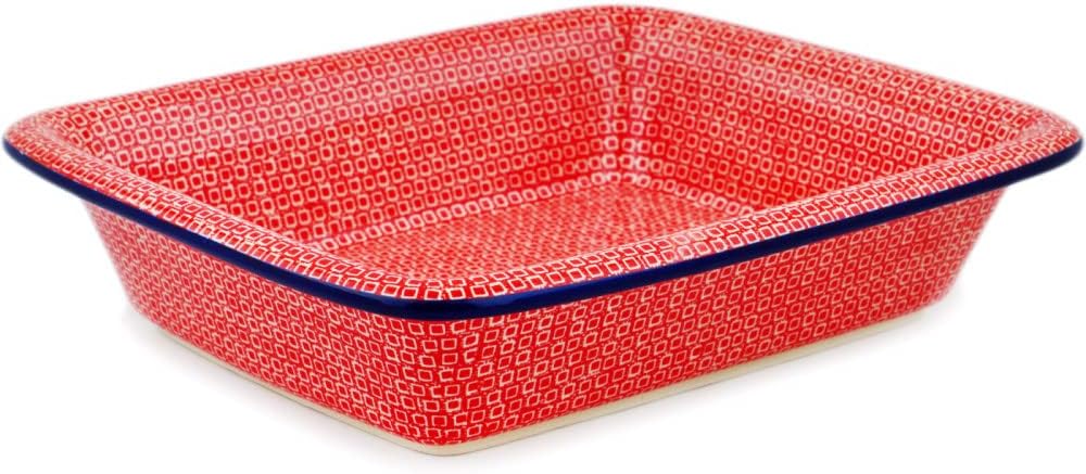 Polmedia Polish Pottery Rectangular Baker UNIKAT - Red Squares Pattern Handmade in Boleslawiec Poland by Ceramika Artystyczna + Certificate of Authenticity
