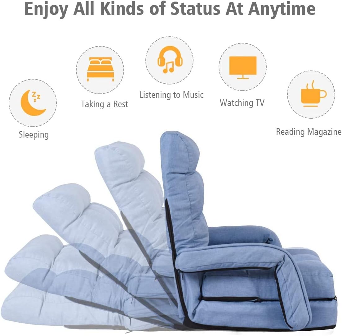 LUARANE Adjustable Massage Floor Sofa Chair, Foldable Lazy Sofa with 5-Position Adjustable Backrest Lumbar Pillow Armrests, Indoor Lounger Bed for Bedroom Living Room (Blue)