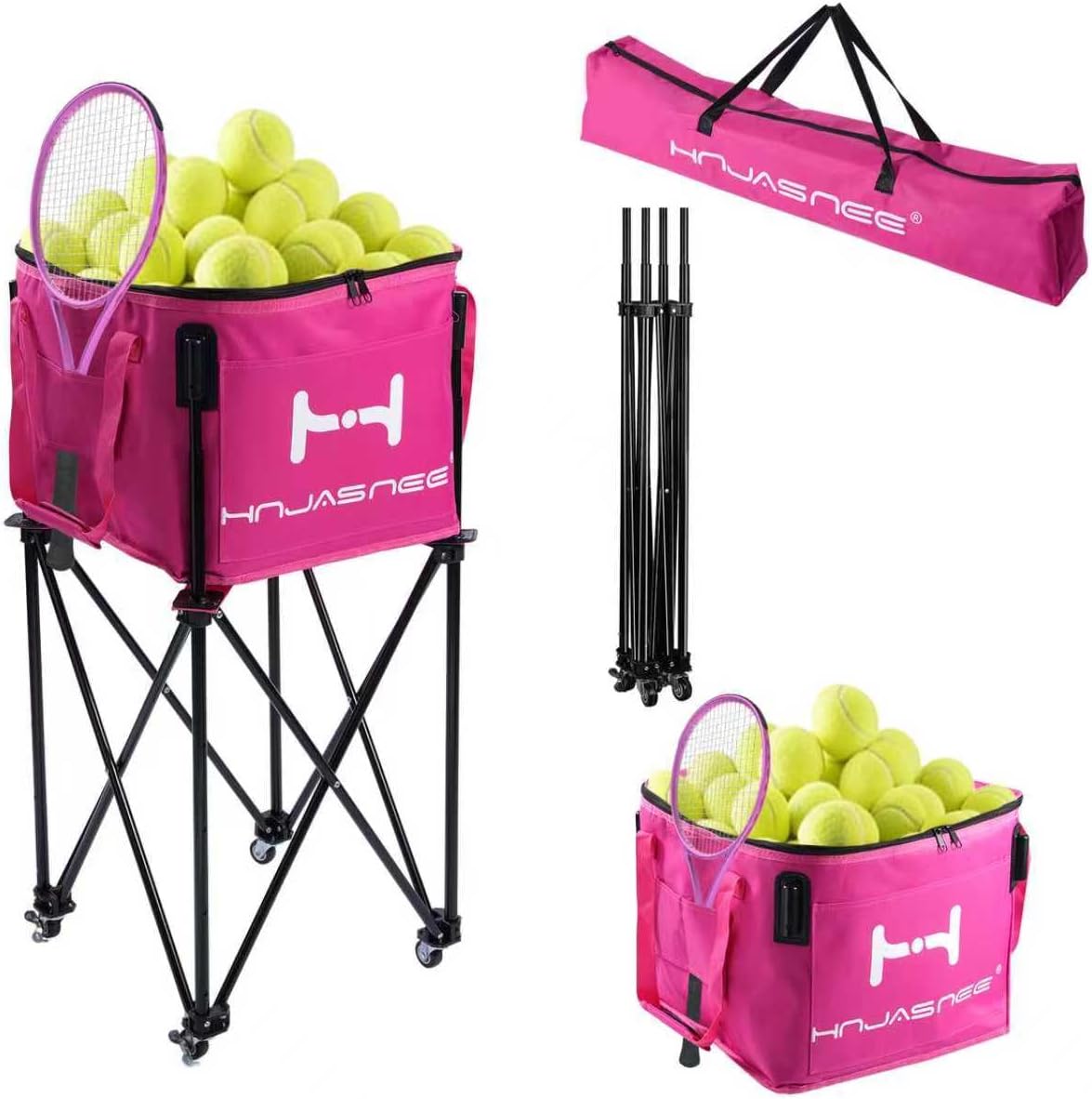Foldable Adjustable Tennis Ball Hopper, Large Capacity Basket Holds 200 Balls, Upgraded Pickleball Caddy with Multifunction Pockets and Wheels for Training and Teaching