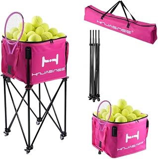 Foldable Adjustable Tennis Ball Hopper, Large Capacity Basket Holds 200 Balls, Upgraded Pickleball Caddy with Multifunction Pockets and Wheels for Training and Teaching
