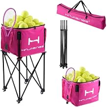 Foldable Adjustable Tennis Ball Hopper, Large Capacity Basket Holds 200 Balls, Upgraded Pickleball Caddy with Multifunction Pockets and Wheels for Training and Teaching