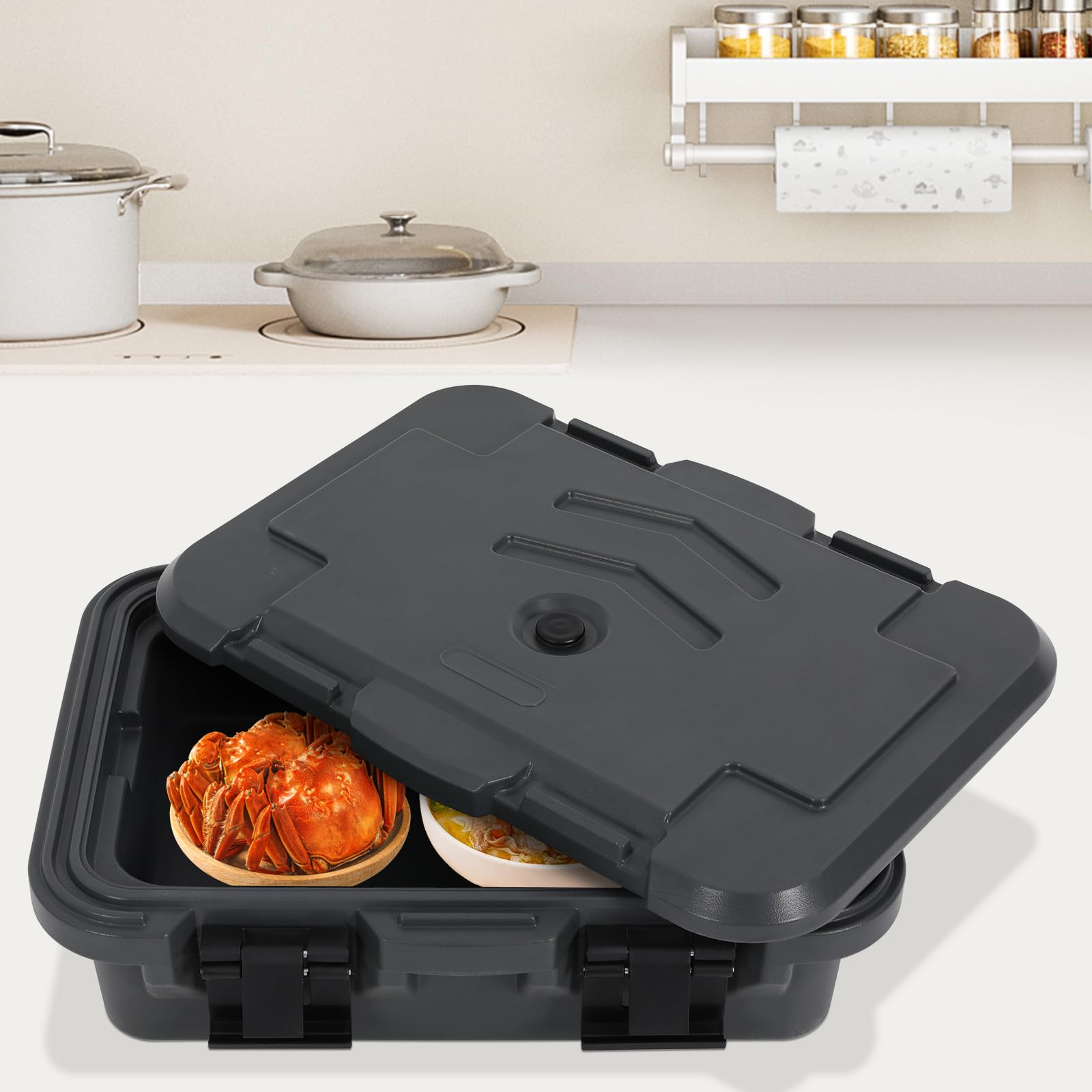 Thermobox - Contenitore refrigerante in polistirolo, 15 l, multifunzione, con fibbie di bloccaggio e coperchio, impilabile, per campeggio, buffet, picnic e trasporto alimentare (63 x 44 x 21 cm)