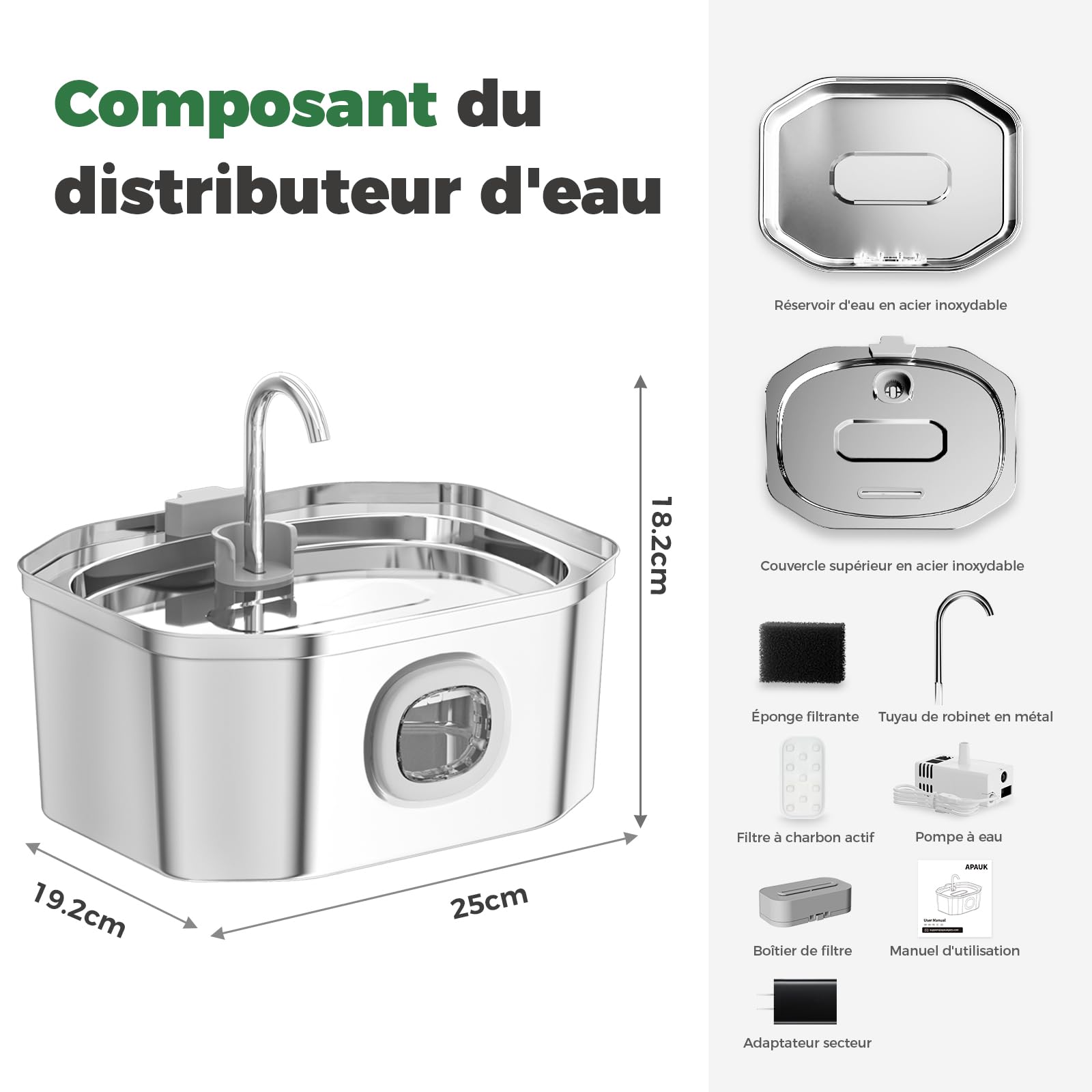 Fontaine a Eau Chat INOX, Apauk 3.2L Fontaine à Eau Chat,Fontaine Chats silencieuse,LED fenêtre, sont faciles à Nettoyer, Fontaine a Eau Petit Chien (Lot de 2 éponges et filtres)
