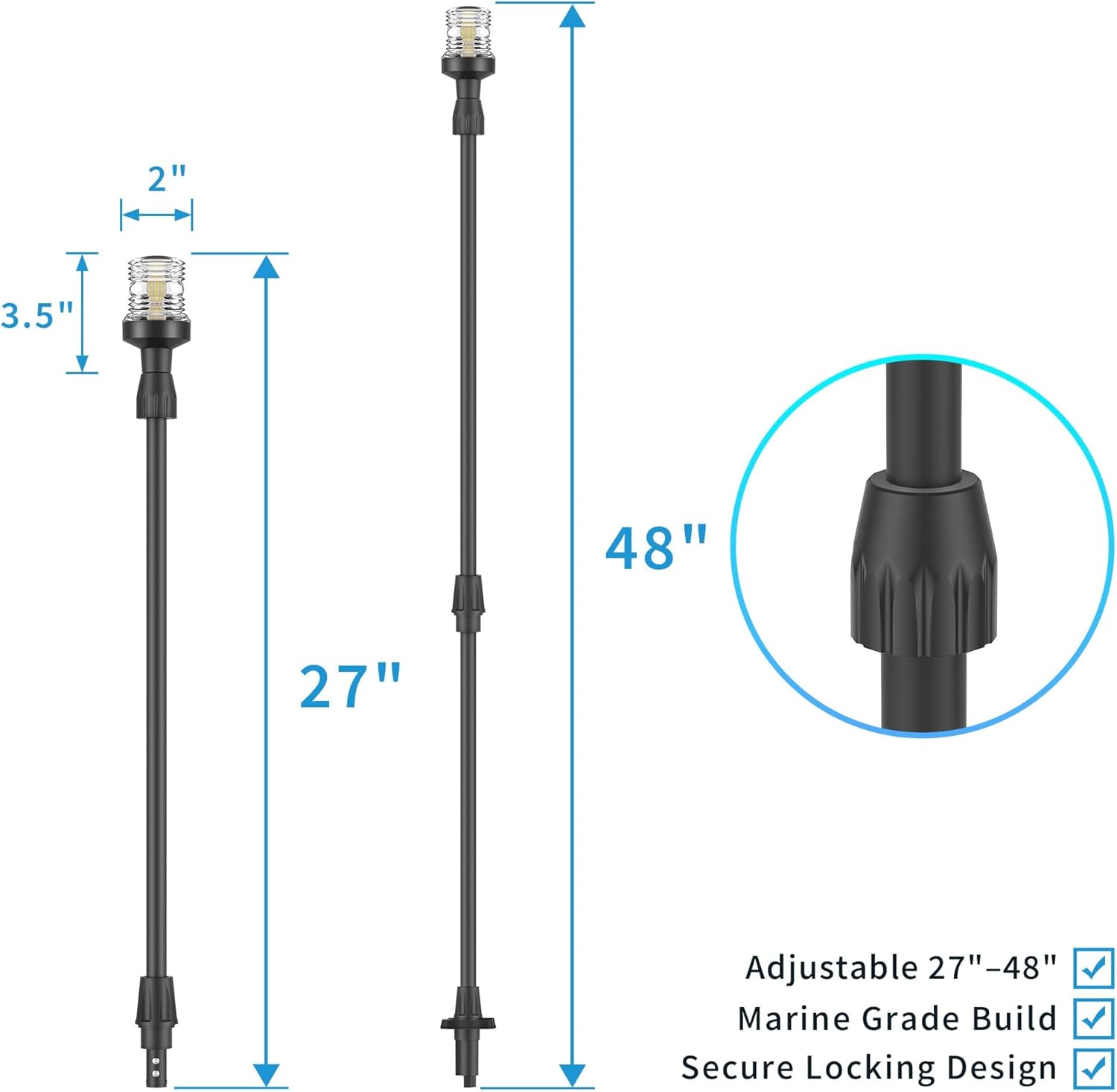 Obcursco Boat Stern Lights, Telescoping Pole 27"-48" LED Anchor Light with Base, 12V Adjustable 3NM 360° Navigation Lighting for Pontoon, Yacht, Bass, and Fishing Boats (27"-48", Black)