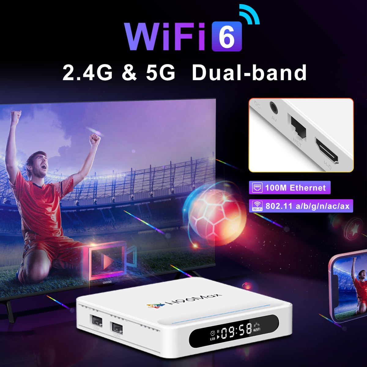 Android 14.0 TV Box, 4Go RAM 128Go ROM, LEFFOT 4K Ultra HD Boîtier TV ﻿ | Boitier IP-TV Android, Support Décodage 8K, Contrôle Vocale, WiFi 6, BT 5.4, 100M Ethernet, HDR10,H618 Quad-core A53