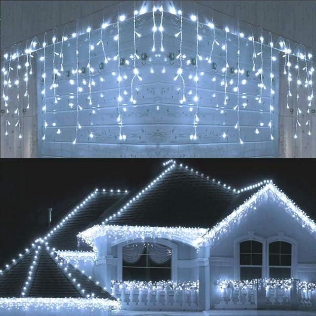 Icicle Christmas Fairy Lights Waterproof Outdoor/Indoor use. ICY Cool White 300 LED 6M Wide 60 Drops Plus a Massive 10M Lead Cable, 8 Modes, Low Safe Voltage
