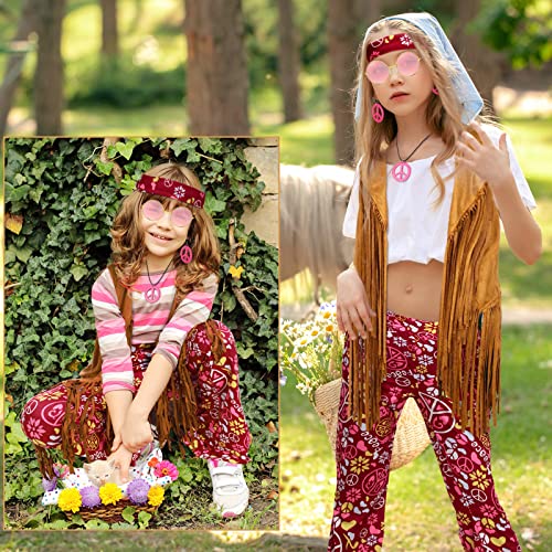 Jenaai 7 Pcs Kids 60S 70S Hippie Outfits For Girls Costume Set Boho Flared Pants Hippie Outfits Accessories Set (Lively, Xx-Large) #TOP4