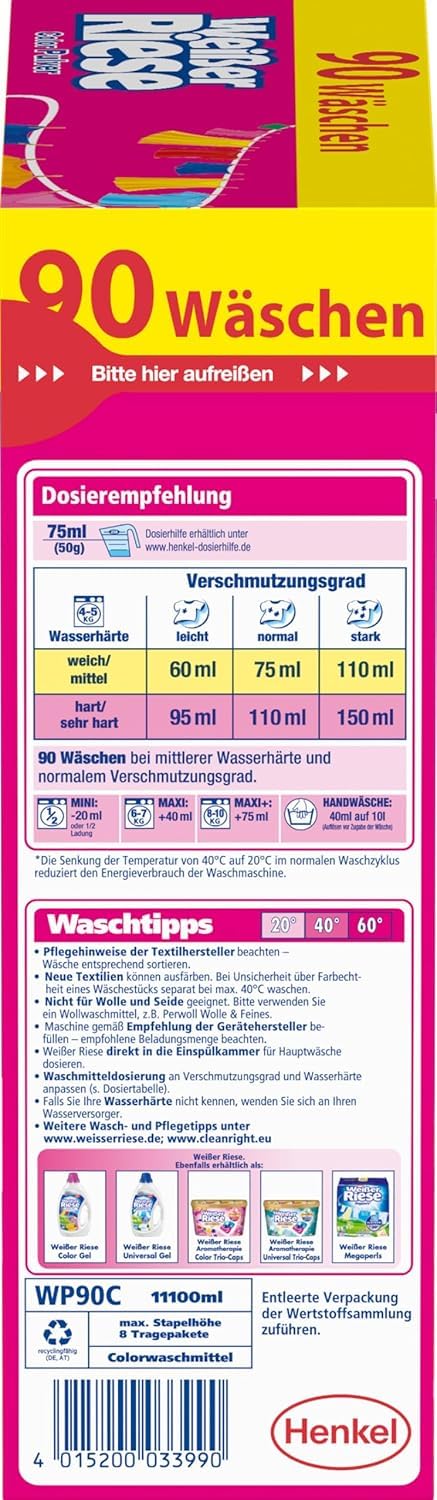 Weißer Riese Color Pulver 180 WL (2 x 90 Waschladungen), Color Waschmittel riesig stark gegen Flecken, Kalt-Aktiv schon ab 20° C, ergiebiges Waschpulver, ideal für Familien mit Kindern