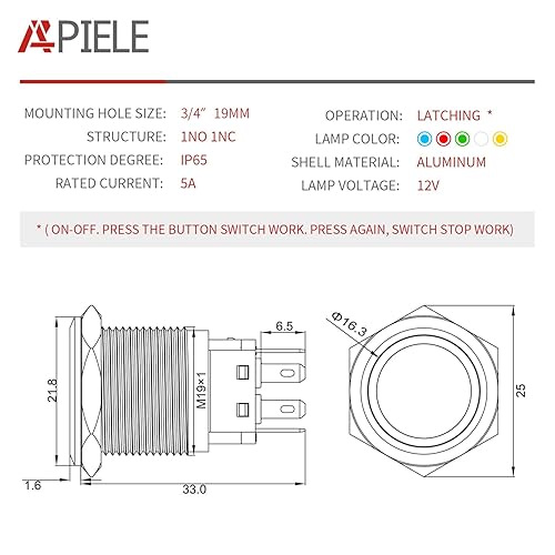 Miniatura 2 de Interruptor de botón Apiele GQ19F-11EZ de 19mm, con anillo LED 1NO1NC