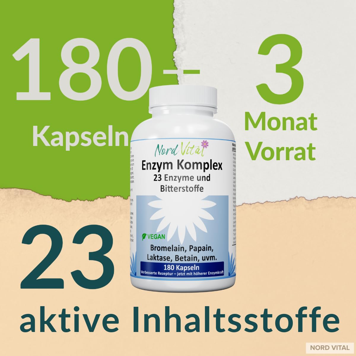 Enzym Komplex mit 23 aktiven Inhaltsstoffen – 180 magensaftresistente Kapseln – Hochdosierte Verdauungsenzyme mit Bromelain, Papain, Lipase, Betain HCL & Bitterstoffen – Vegan – Digestive Enzymes