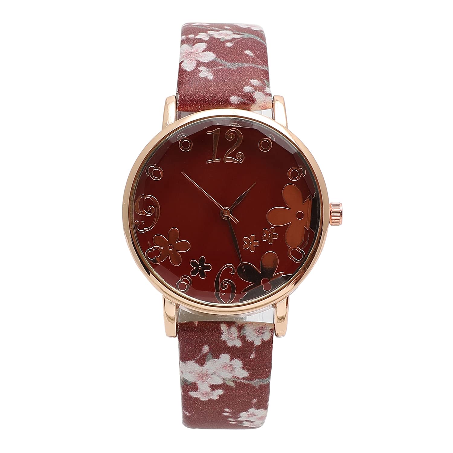 Haute Sauce Maroon & Gold Decorative Round Analog Watch with Maroon Floral Printed Vegan Leather Strap for Women and Girls Quartz Movement Latest Wrist Watch for Woman Ladies Fashion Belt Watch (B0B7XG4WJ5) Amazon Price History, Amazon Price Tracker