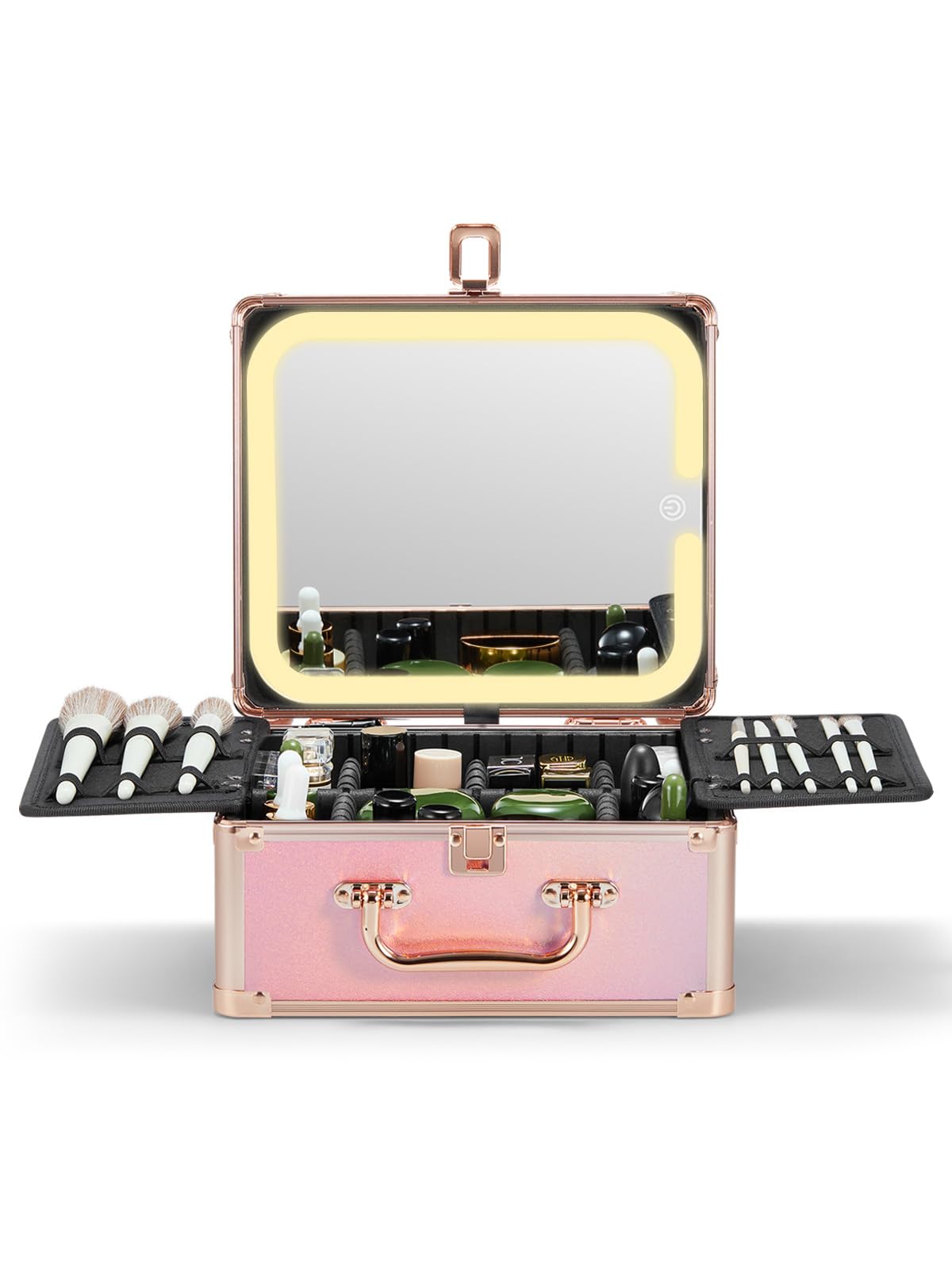 Makeup Box with Lighted Mirror Detachable, Cosmetic Organizer and Portable Makeup Box with Adjustable Dividers, 3 Color Scenarios, Adjustable Brightness Travel Train Case(Sparkling Gradient Pink),